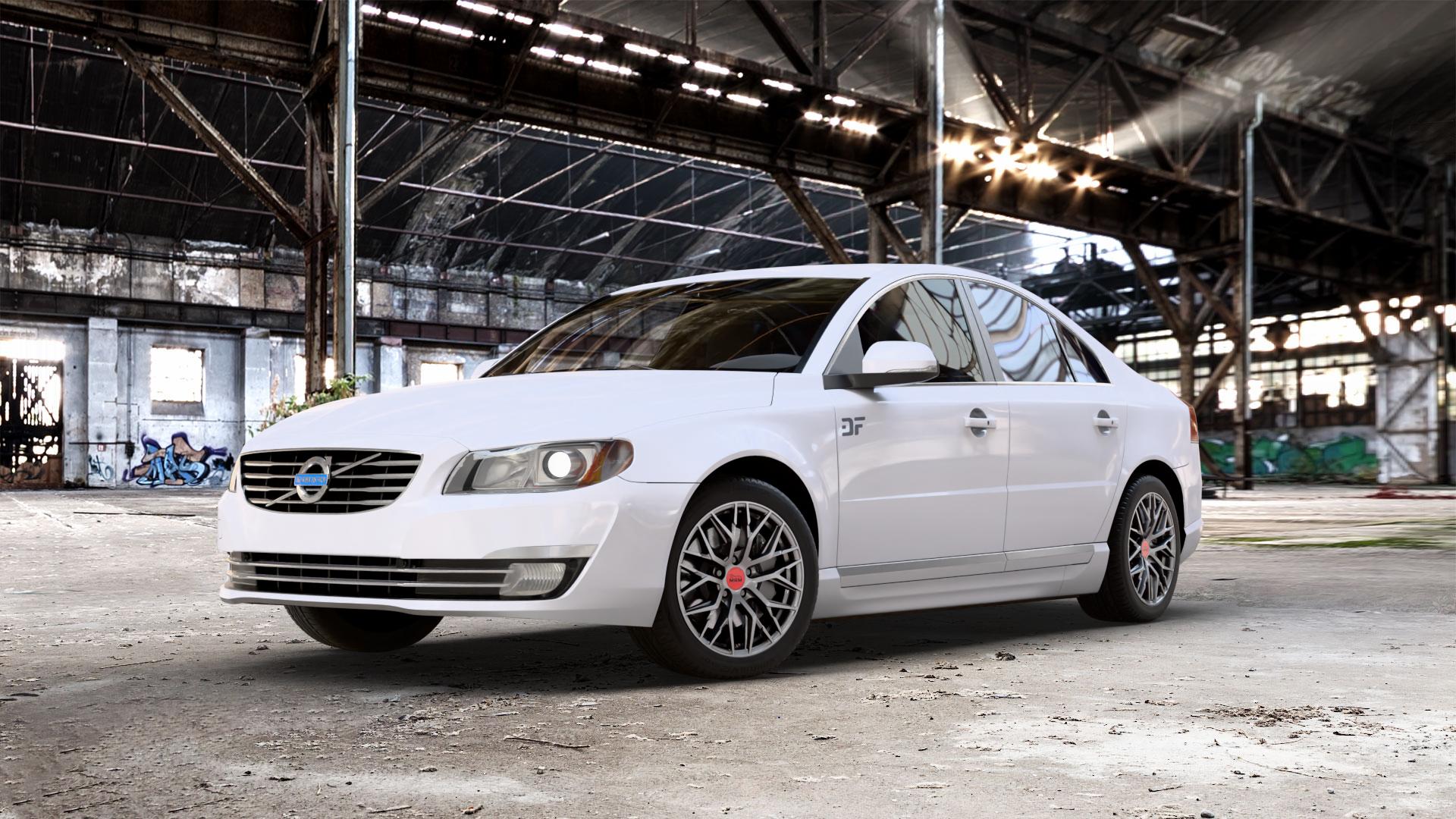 MAM RS4 PALLADIUM PAINTED Felge mit Reifen grau anthrazit in 17Zoll Winterfelge Alufelge auf weissem Volvo S80 II Typ A ⬇️ mit 15mm Tieferlegung ⬇️ Old Industrial Hall_max_5300mm_2024 Frontansicht_1