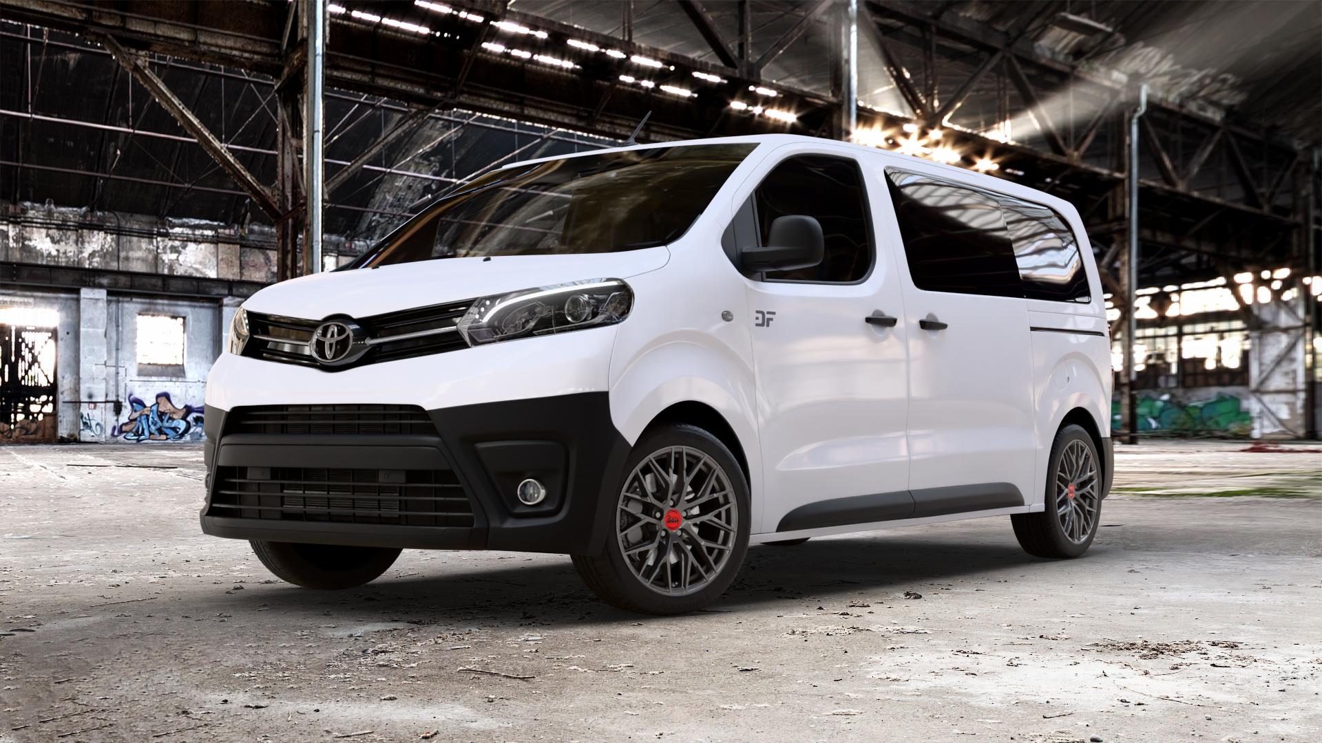 MAM RS4 PALLADIUM PAINTED Felge mit Reifen grau anthrazit in 18Zoll Winterfelge Alufelge auf weissem Toyota Proace II Verso Typ V ⬇️ mit 15mm Tieferlegung ⬇️ Old Industrial Hall_max_5300mm_2024 Frontansicht_1