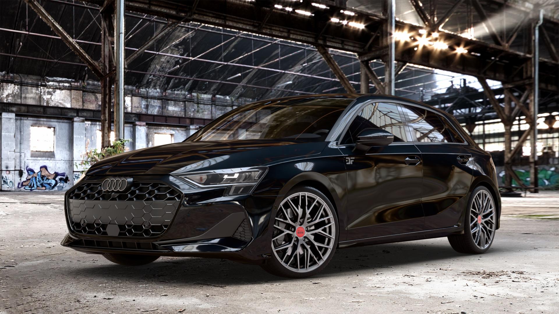 MAM RS4 PALLADIUM PAINTED Felge mit Reifen grau anthrazit in 19Zoll Winterfelge Alufelge auf metallic schwarzem Audi A3 Typ GY (Sportback) Facelift 2,0l 30 TDI 85kW (116 PS) 1,5l TFSI Mild-Hybrid 35 110kW (150 PHEV 200 130kW Hybrid (177 150 ⬇️ mit 15mm Tieferlegung ⬇️ Old Industrial Hall_max_4400mm_2024 Frontansicht_1