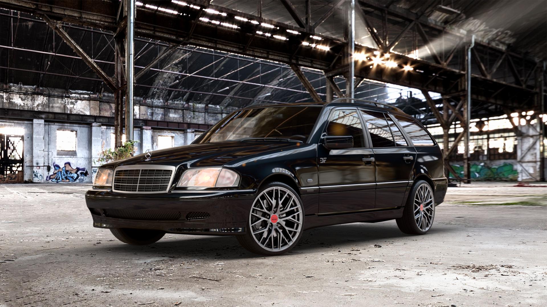 MAM RS4 PALLADIUM PAINTED Felge mit Reifen grau anthrazit in 19Zoll Winterfelge Alufelge auf metallic schwarzem Mercedes C-Klasse Typ S202 Kombi ⬇️ mit 15mm Tieferlegung ⬇️ Old Industrial Hall_max_5300mm_2024 Frontansicht_1