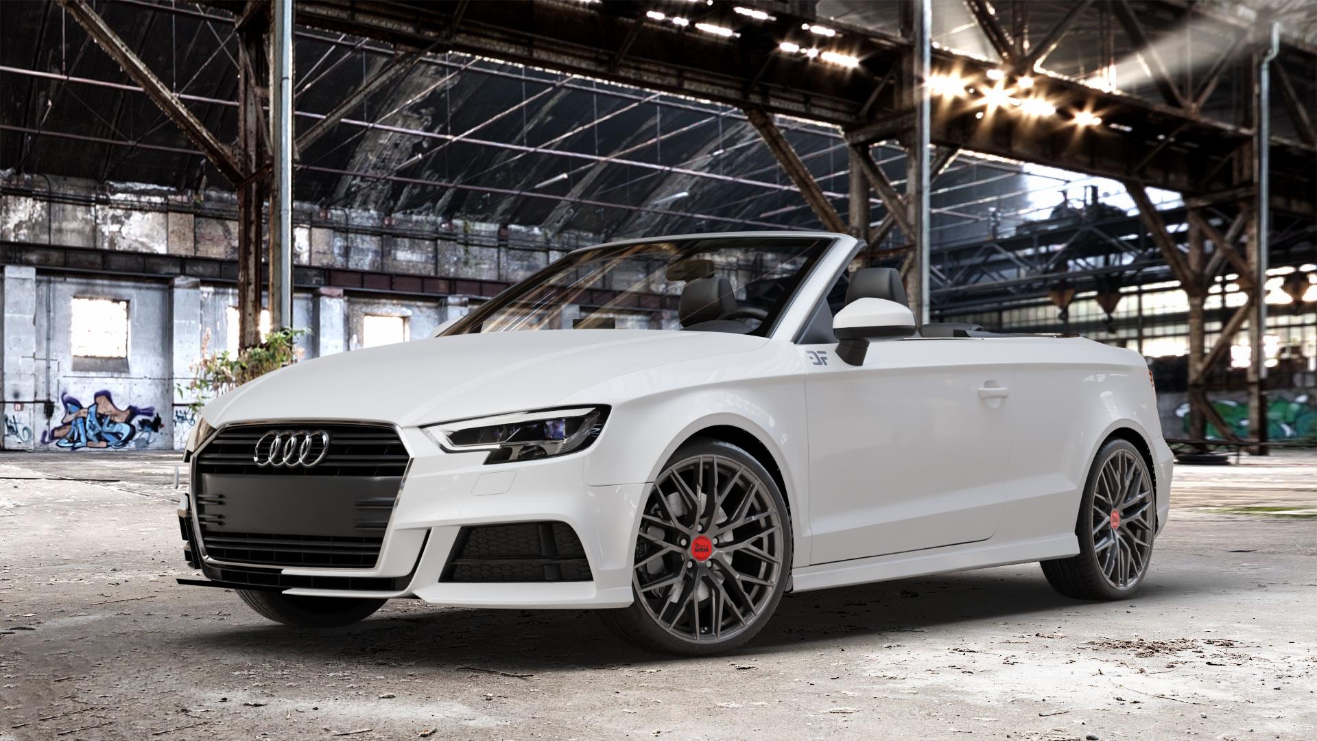 MAM RS4 PALLADIUM PAINTED Felge mit Reifen grau anthrazit in 19Zoll Winterfelge Alufelge auf weissem Audi A3 Typ 8V (Cabriolet) Facelift ⬇️ mit 15mm Tieferlegung ⬇️ Old Industrial Hall_max_4400mm_2024 Frontansicht_1