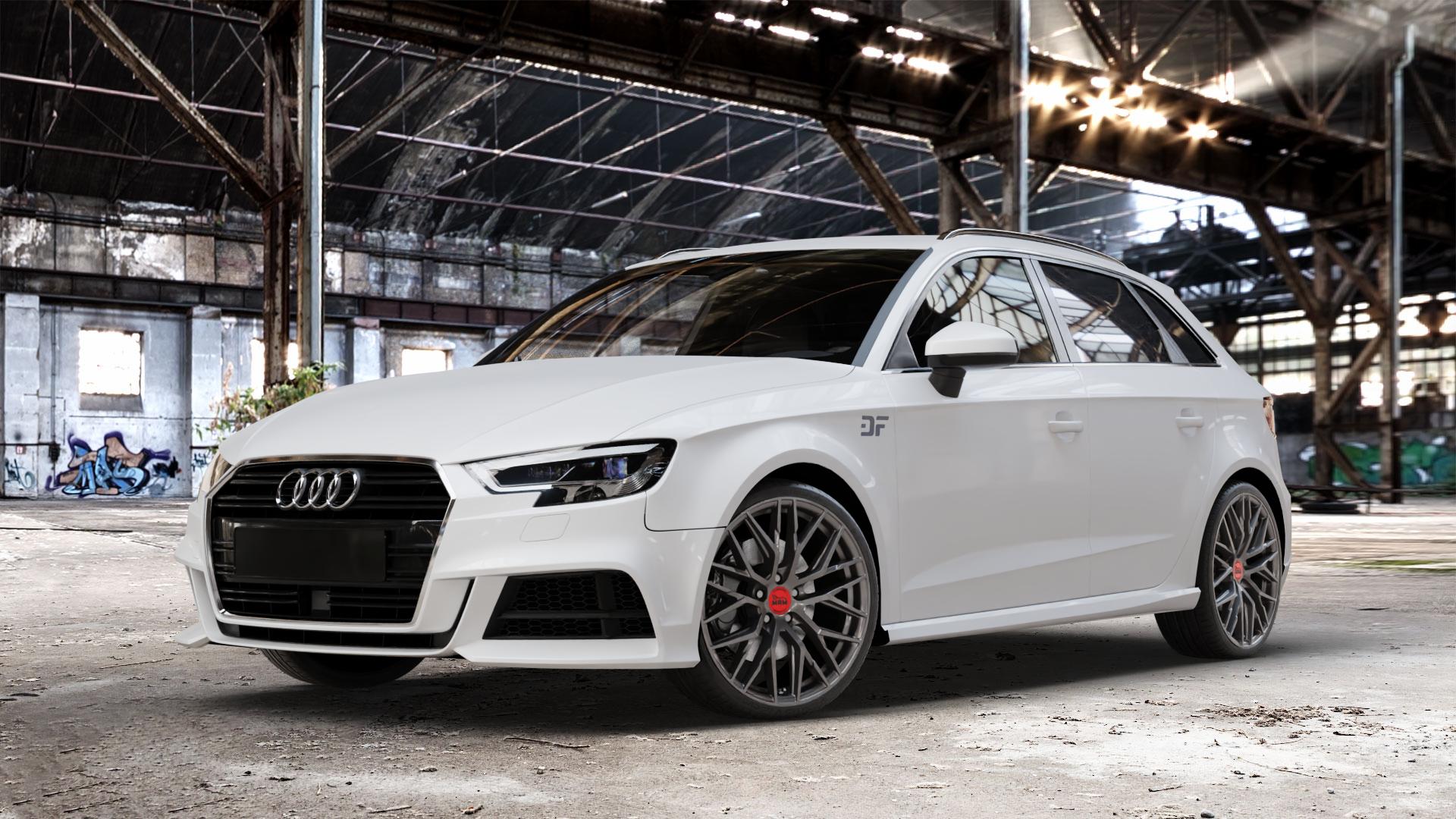 MAM RS4 PALLADIUM PAINTED Felge mit Reifen grau anthrazit in 19Zoll Winterfelge Alufelge auf weissem Audi A3 Typ 8V (Sportback) Facelift ⬇️ mit 15mm Tieferlegung ⬇️ Old Industrial Hall_max_4400mm_2024 Frontansicht_1
