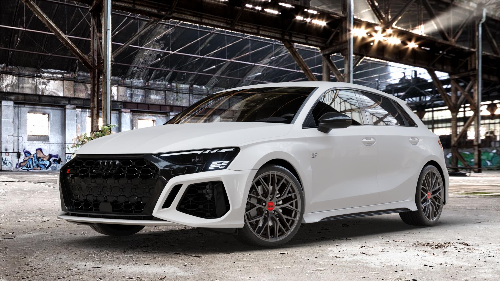 MAM RS4 PALLADIUM PAINTED Felge mit Reifen grau anthrazit in 19Zoll Winterfelge Alufelge auf weissem Audi A3 Typ GY (Sportback) 2,5l TFSI quattro 294kW RS3 (400 PS) 299kW (407 ⬇️ mit 15mm Tieferlegung ⬇️ Old Industrial Hall_max_4400mm_2024 Frontansicht_1
