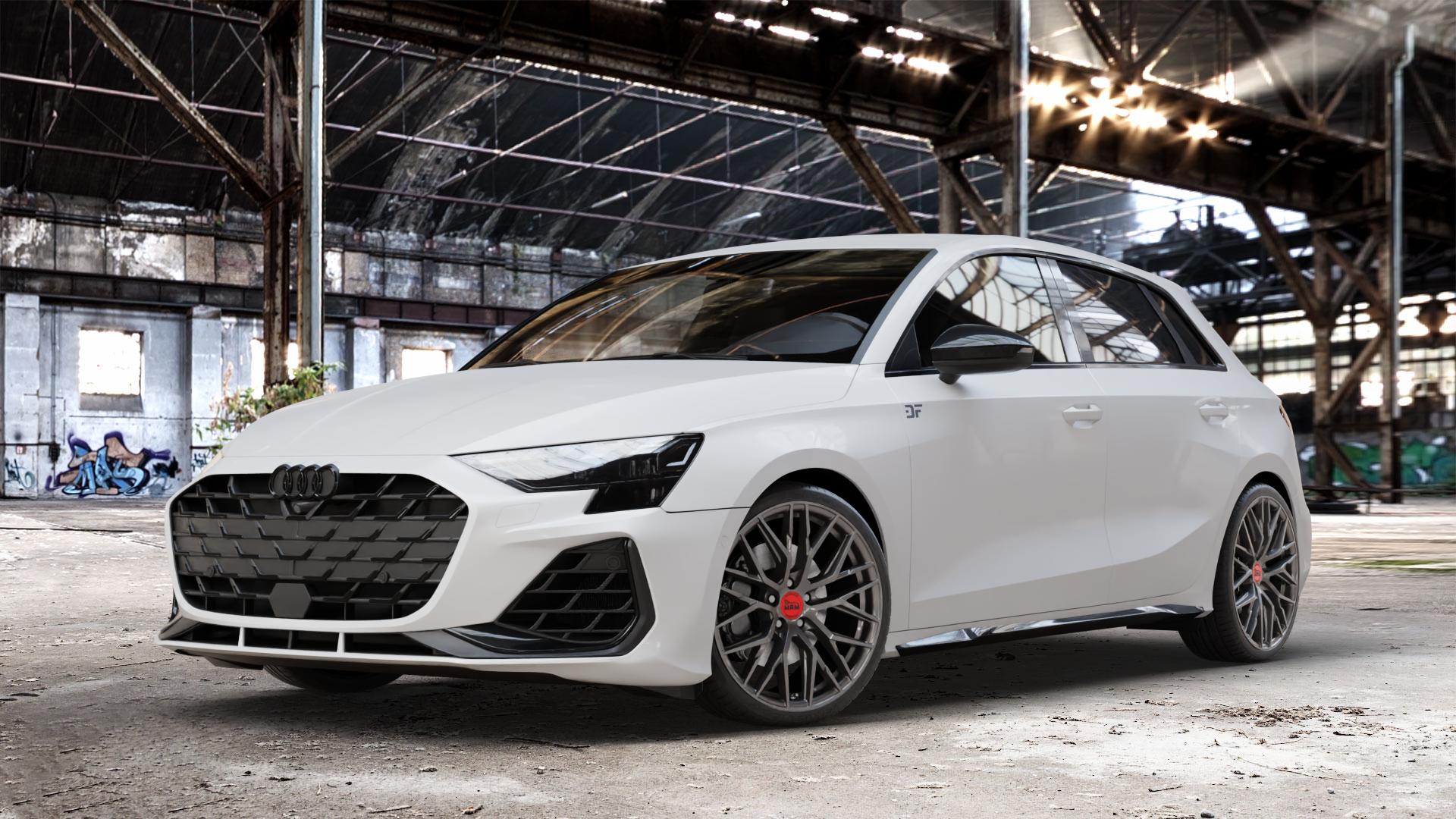 MAM RS4 PALLADIUM PAINTED Felge mit Reifen grau anthrazit in 19Zoll Winterfelge Alufelge auf weissem Audi A3 Typ GY (Sportback) Facelift 2,0l TFSI quattro 245kW S3 (333 PS) ⬇️ mit 15mm Tieferlegung ⬇️ Old Industrial Hall_max_4400mm_2024 Frontansicht_1