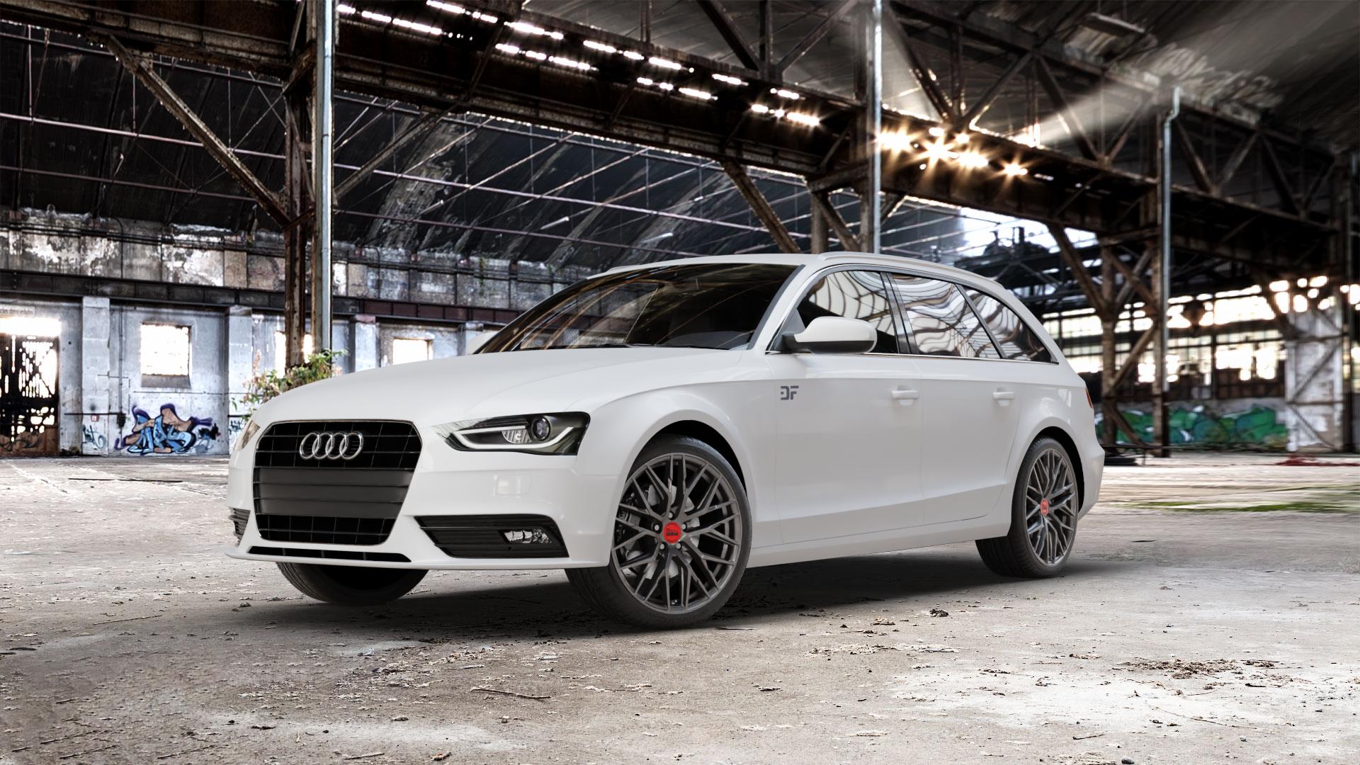 MAM RS4 PALLADIUM PAINTED Felge mit Reifen grau anthrazit in 19Zoll Winterfelge Alufelge auf weissem Audi A4 Typ 8K5/B8 (Avant) Facelift ⬇️ mit 15mm Tieferlegung ⬇️ Old Industrial Hall_max_5300mm_2024 Frontansicht_1