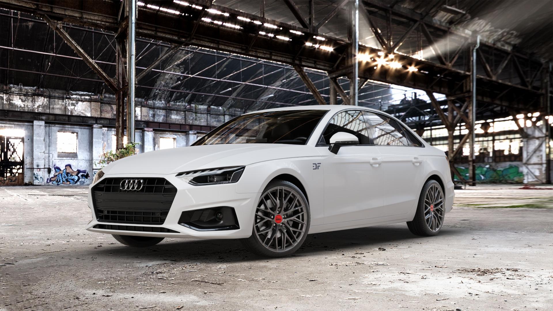 MAM RS4 PALLADIUM PAINTED Felge mit Reifen grau anthrazit in 19Zoll Winterfelge Alufelge auf weissem Audi A4 Typ B9 (Limousine) Facelift ⬇️ mit 15mm Tieferlegung ⬇️ Old Industrial Hall_max_5300mm_2024 Frontansicht_1