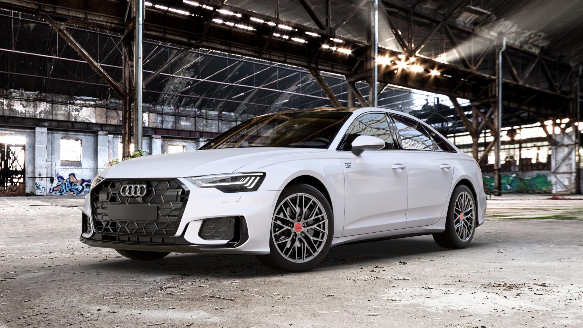 MAM RS4 PALLADIUM PAINTED Felge mit Reifen grau anthrazit in 19Zoll Winterfelge Alufelge auf weissem Audi A6 Typ F2/C8 (Limousine) Facelift ⬇️ mit 15mm Tieferlegung ⬇️ Old Industrial Hall_max_5300mm_2024 Frontansicht_1