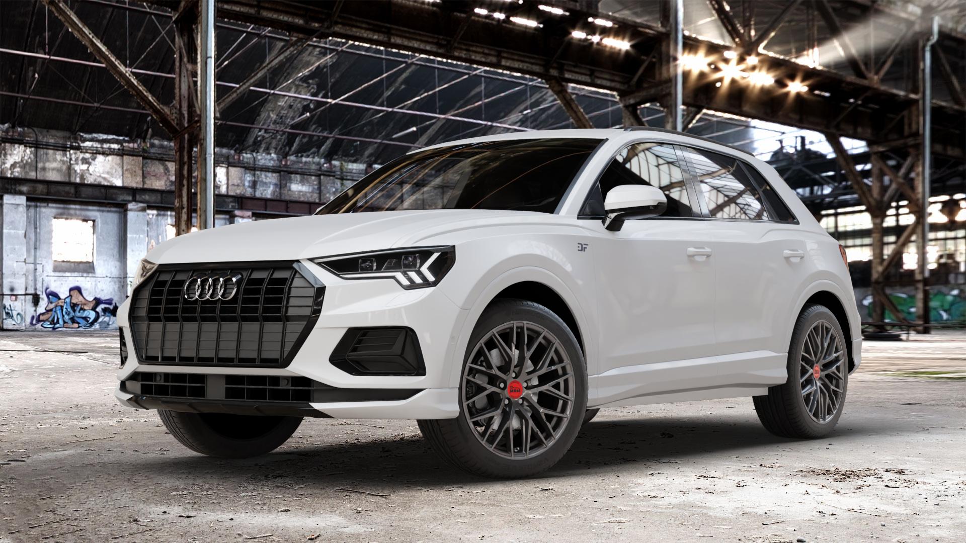 MAM RS4 PALLADIUM PAINTED Felge mit Reifen grau anthrazit in 19Zoll Winterfelge Alufelge auf weissem Audi Q3 II Typ F3 ⬇️ mit 15mm Tieferlegung ⬇️ Old Industrial Hall_max_4400mm_2024 Frontansicht_1