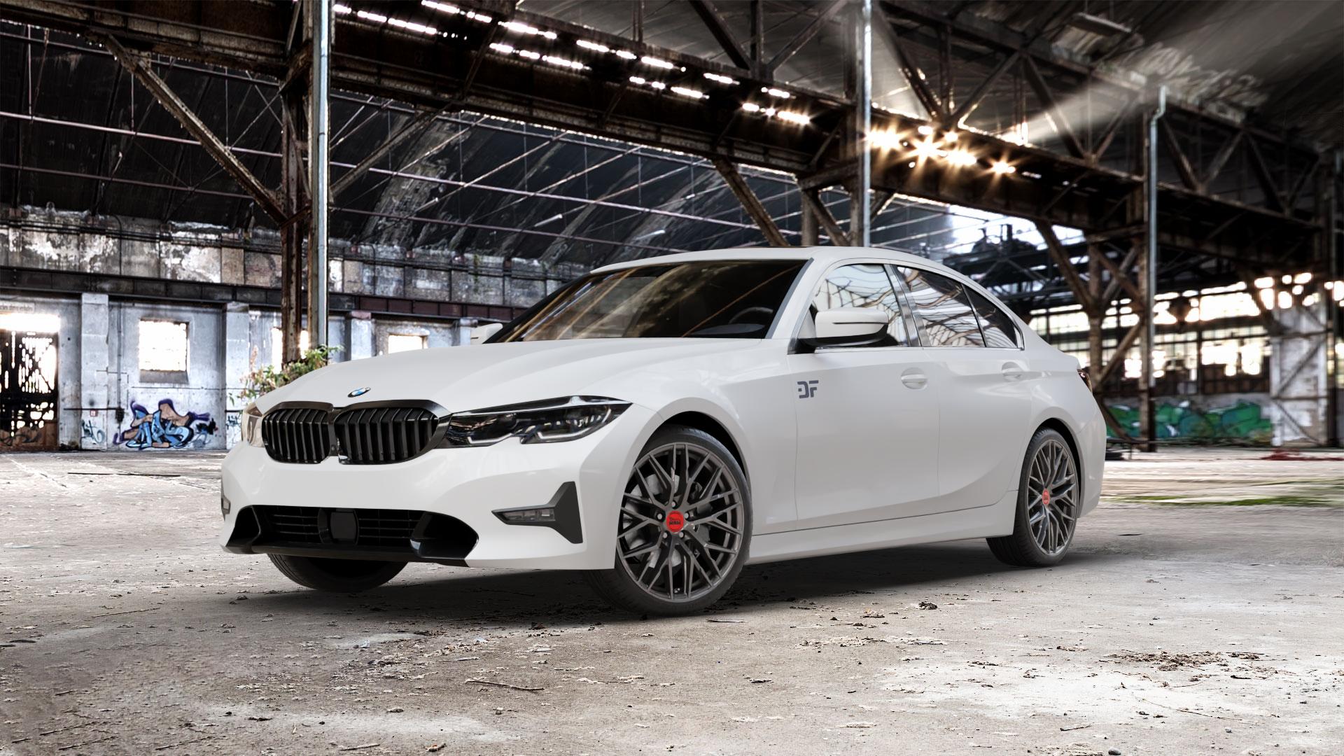 MAM RS4 PALLADIUM PAINTED Felge mit Reifen grau anthrazit in 19Zoll Winterfelge Alufelge auf weissem BMW 3er G20 Limousine (G3L) ⬇️ mit 15mm Tieferlegung ⬇️ Old Industrial Hall_max_5300mm_2024 Frontansicht_1