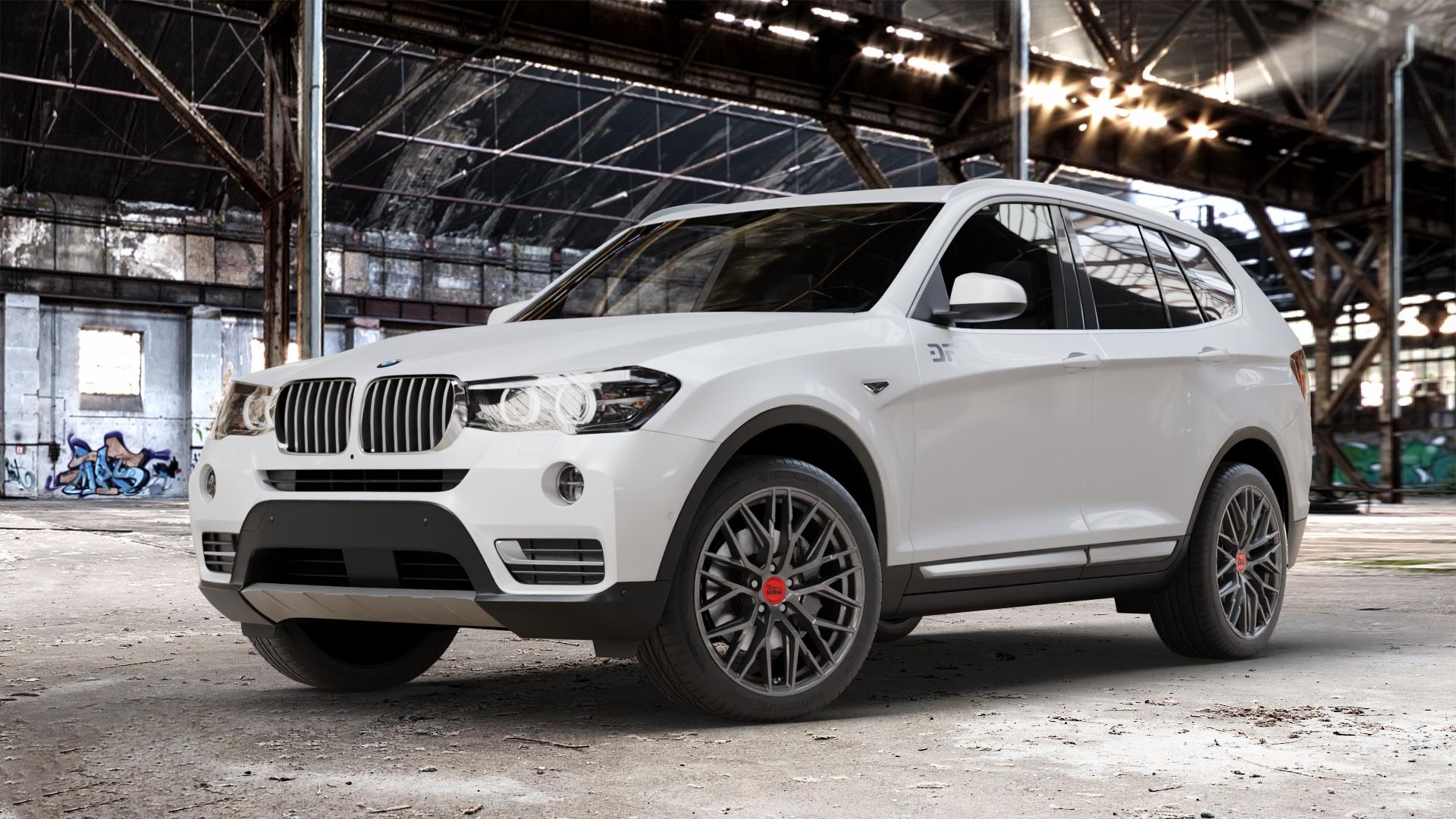 MAM RS4 PALLADIUM PAINTED Felge mit Reifen grau anthrazit in 19Zoll Winterfelge Alufelge auf weissem BMW X3 Typ F25 (X3, X-N1) Facelift ⬇️ mit 15mm Tieferlegung ⬇️ Old Industrial Hall_max_4400mm_2024 Frontansicht_1