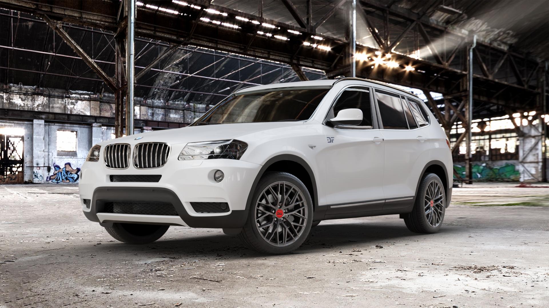MAM RS4 PALLADIUM PAINTED Felge mit Reifen grau anthrazit in 19Zoll Winterfelge Alufelge auf weissem BMW X3 Typ F25 (X3, X-N1) ⬇️ mit 15mm Tieferlegung ⬇️ Old Industrial Hall_max_5300mm_2024 Frontansicht_1