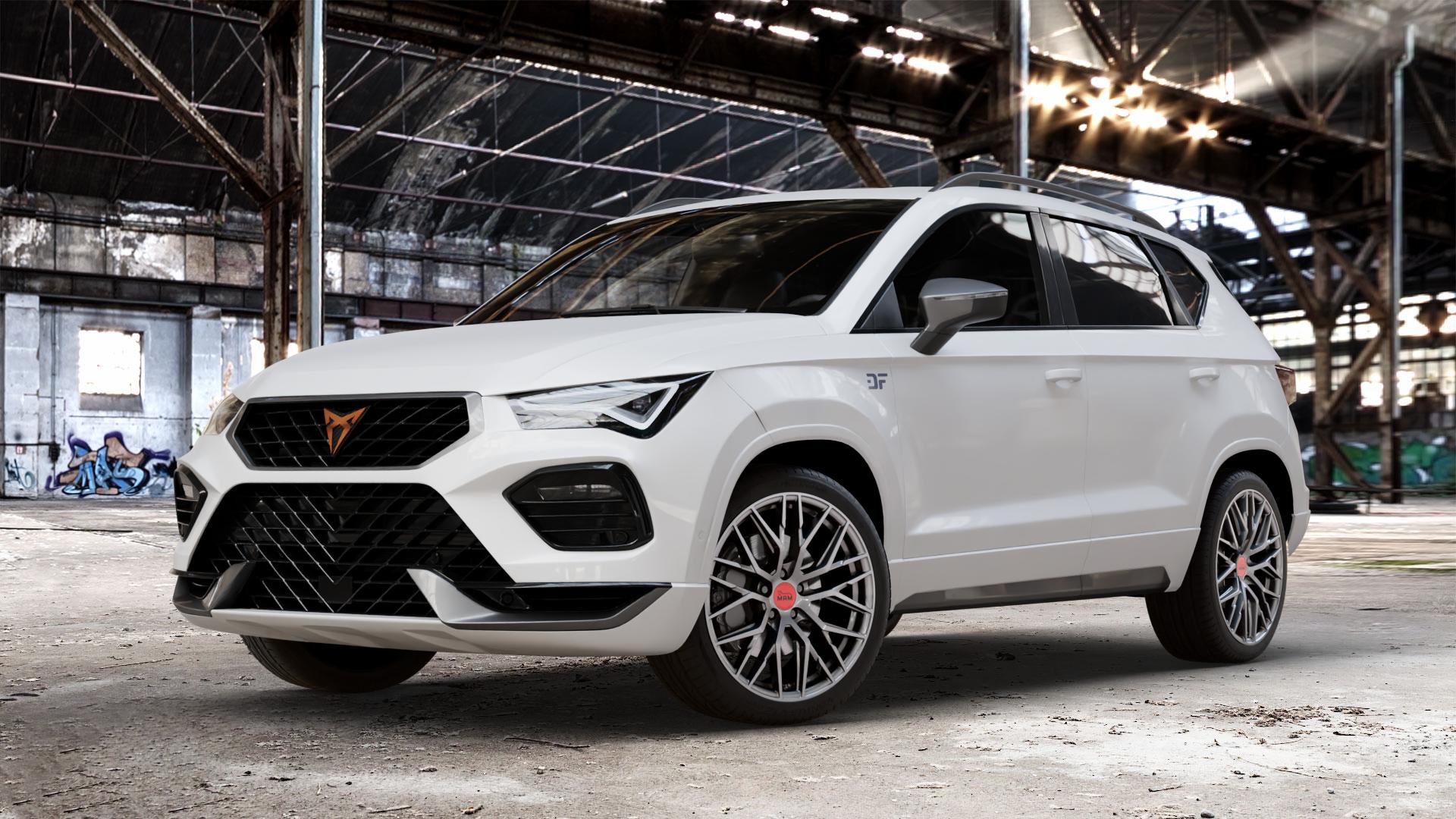 MAM RS4 PALLADIUM PAINTED Felge mit Reifen grau anthrazit in 19Zoll Winterfelge Alufelge auf weissem Cupra Ateca Typ 5FP Facelift ⬇️ mit 15mm Tieferlegung ⬇️ Old Industrial Hall_max_4400mm_2024 Frontansicht_1