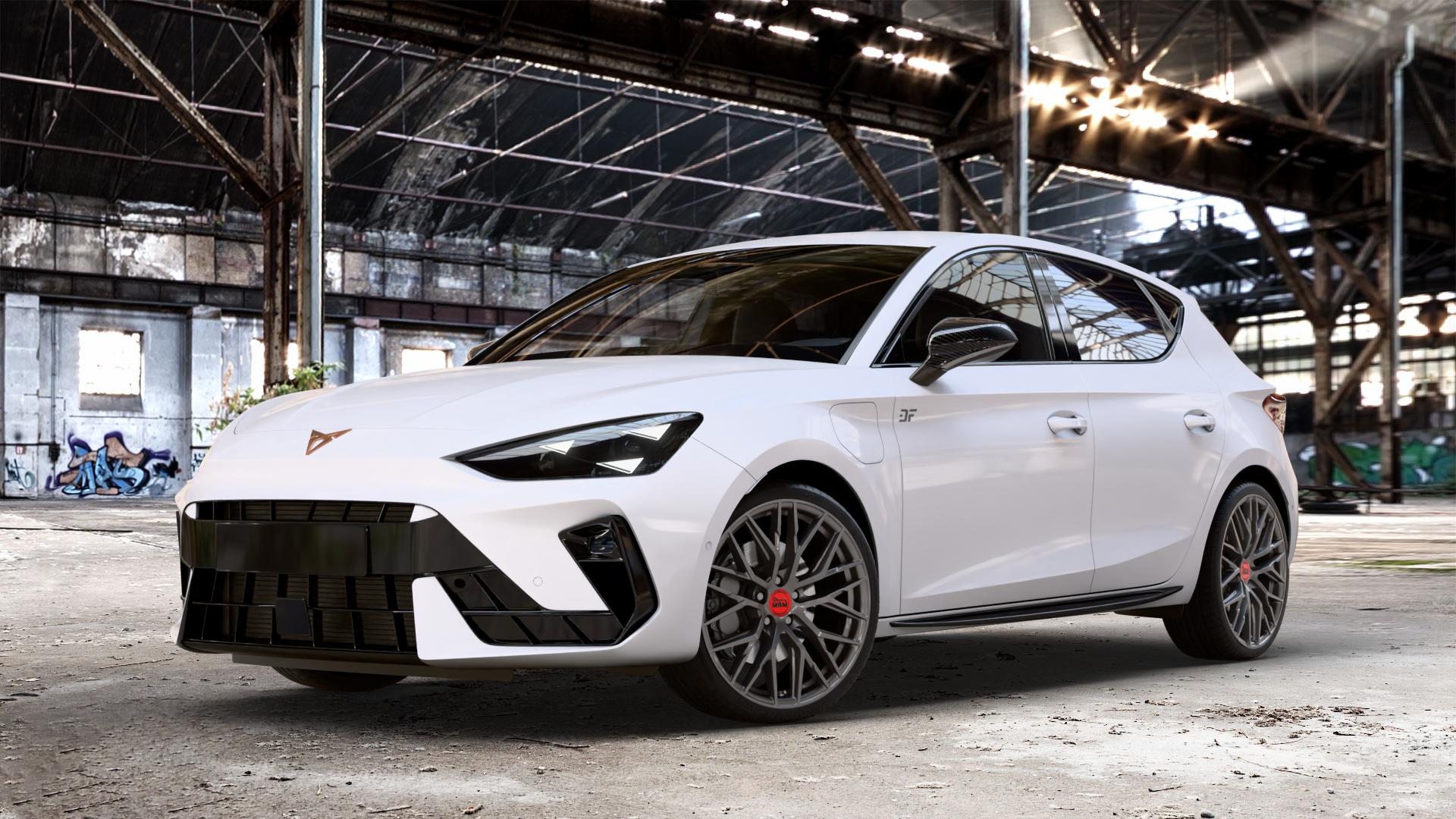 MAM RS4 PALLADIUM PAINTED Felge mit Reifen grau anthrazit in 19Zoll Winterfelge Alufelge auf weissem Cupra Leon Typ KL Facelift ⬇️ mit 15mm Tieferlegung ⬇️ Old Industrial Hall_max_4400mm_2024 Frontansicht_1