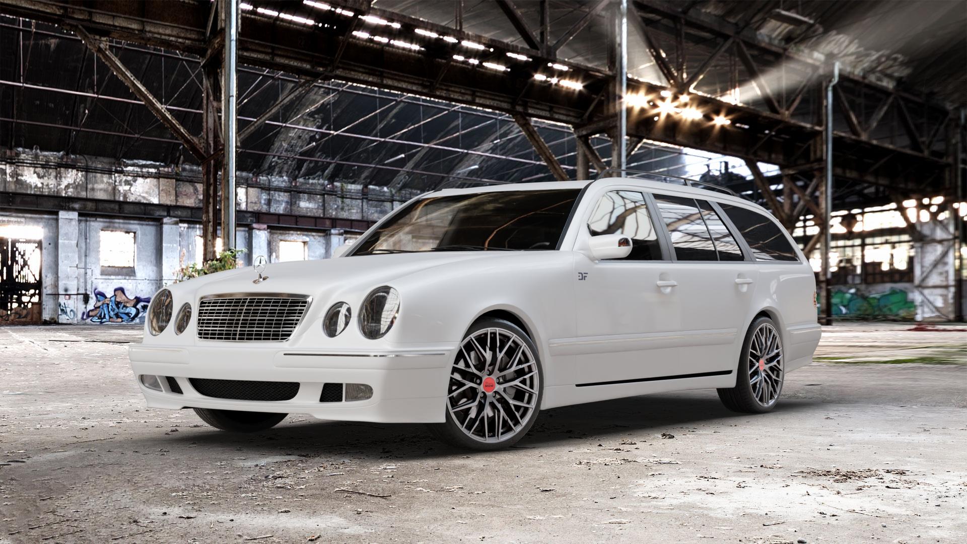 MAM RS4 PALLADIUM PAINTED Felge mit Reifen grau anthrazit in 19Zoll Winterfelge Alufelge auf weissem Mercedes E-Klasse Typ S210 Kombi ⬇️ mit 15mm Tieferlegung ⬇️ Old Industrial Hall_max_5300mm_2024 Frontansicht_1