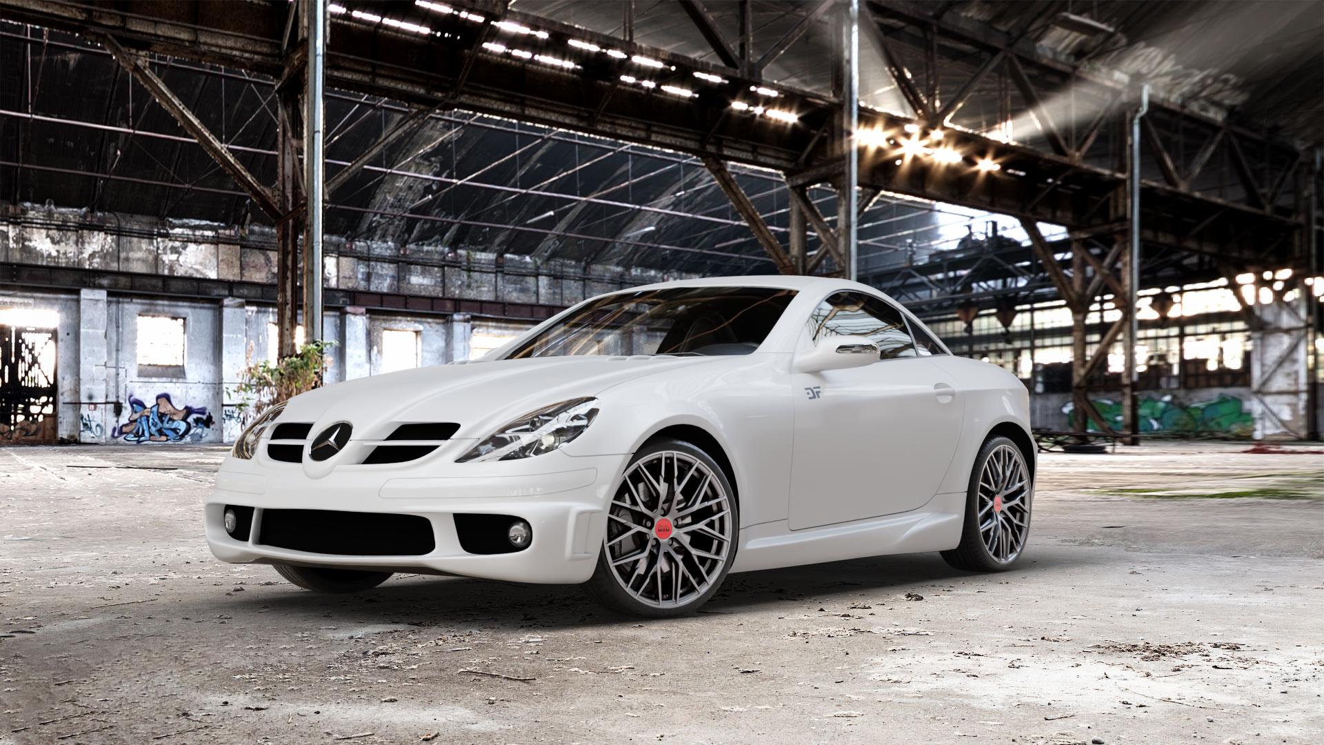 MAM RS4 PALLADIUM PAINTED Felge mit Reifen grau anthrazit in 19Zoll Winterfelge Alufelge auf weissem Mercedes SLK Typ R171 ⬇️ mit 15mm Tieferlegung ⬇️ Old Industrial Hall_max_5300mm_2024 Frontansicht_1