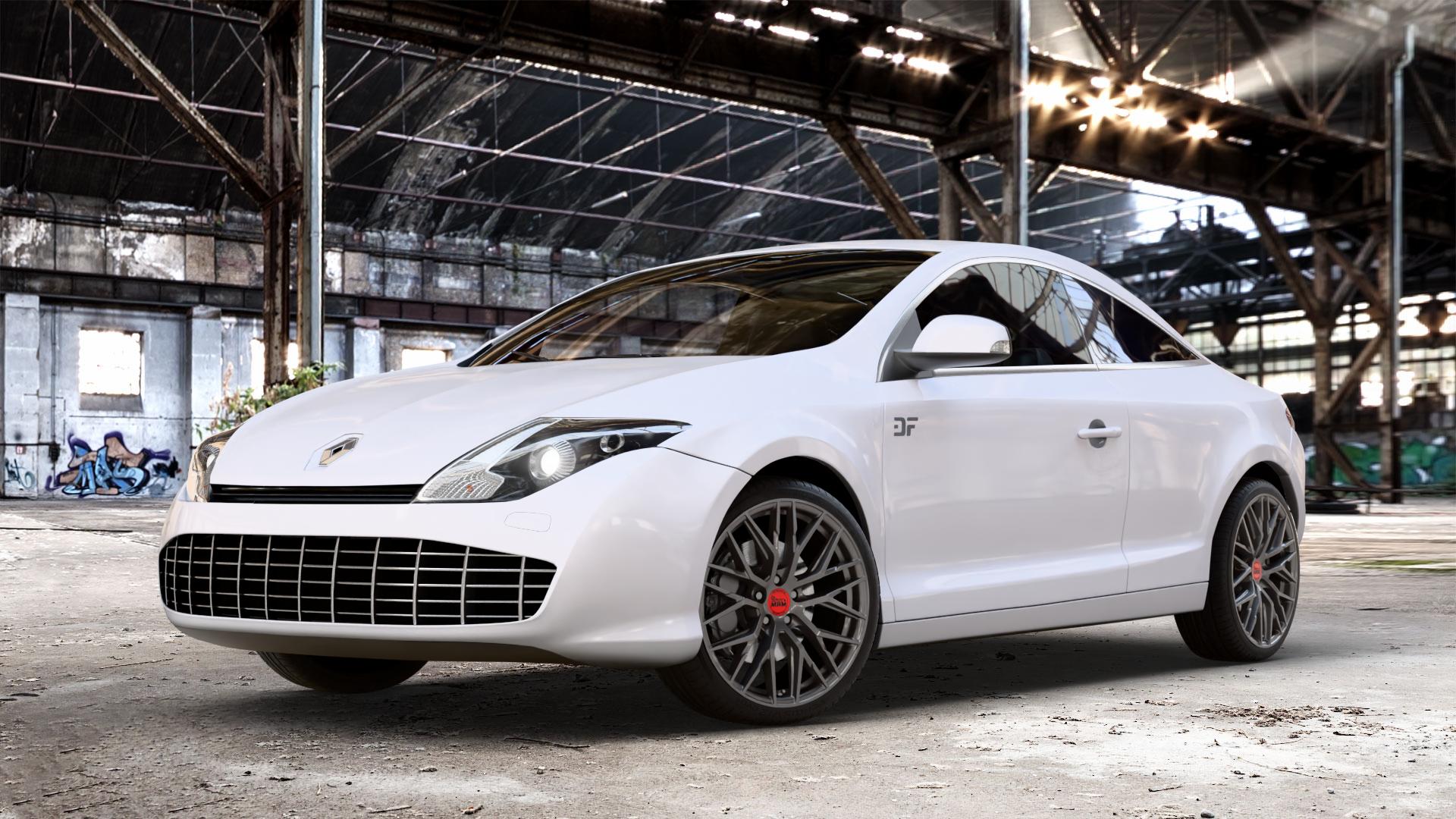 MAM RS4 PALLADIUM PAINTED Felge mit Reifen grau anthrazit in 19Zoll Winterfelge Alufelge auf weissem Renault Laguna III Coupé Typ T ⬇️ mit 15mm Tieferlegung ⬇️ Old Industrial Hall_max_4400mm_2024 Frontansicht_1