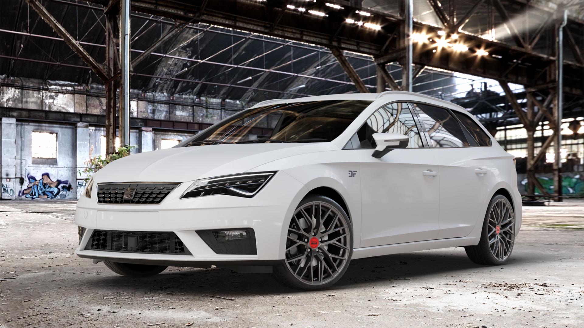 MAM RS4 PALLADIUM PAINTED Felge mit Reifen grau anthrazit in 19Zoll Winterfelge Alufelge auf weissem Seat Leon Typ 5F ST Facelift ⬇️ mit 15mm Tieferlegung ⬇️ Old Industrial Hall_max_4400mm_2024 Frontansicht_1