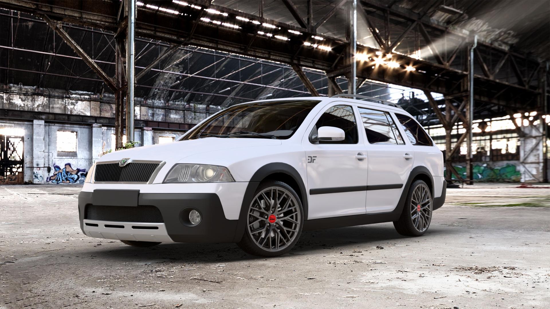 MAM RS4 PALLADIUM PAINTED Felge mit Reifen grau anthrazit in 19Zoll Winterfelge Alufelge auf weissem Skoda Octavia II Scout Typ 1Z ⬇️ mit 15mm Tieferlegung ⬇️ Old Industrial Hall_max_5300mm_2024 Frontansicht_1