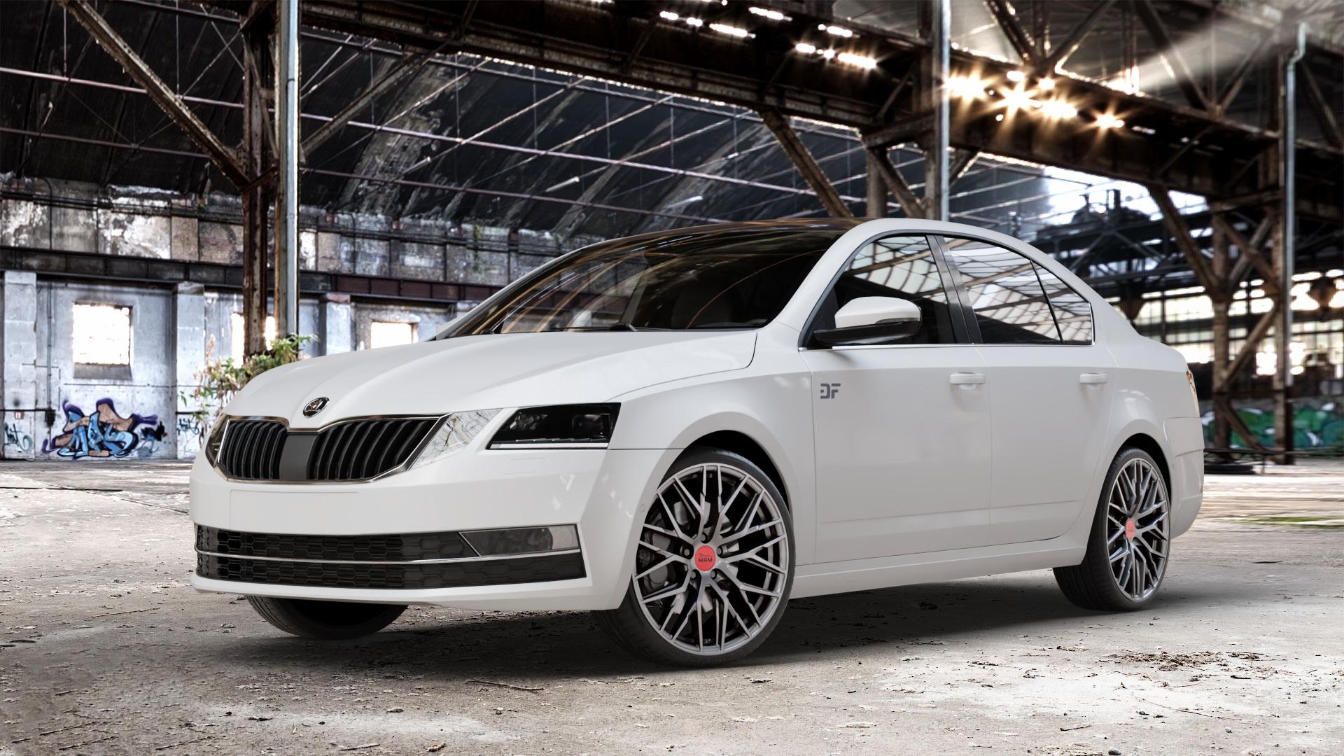 MAM RS4 PALLADIUM PAINTED Felge mit Reifen grau anthrazit in 19Zoll Winterfelge Alufelge auf weissem Skoda Octavia III Limousine Typ 5E Facelift ⬇️ mit 15mm Tieferlegung ⬇️ Old Industrial Hall_max_4400mm_2024 Frontansicht_1
