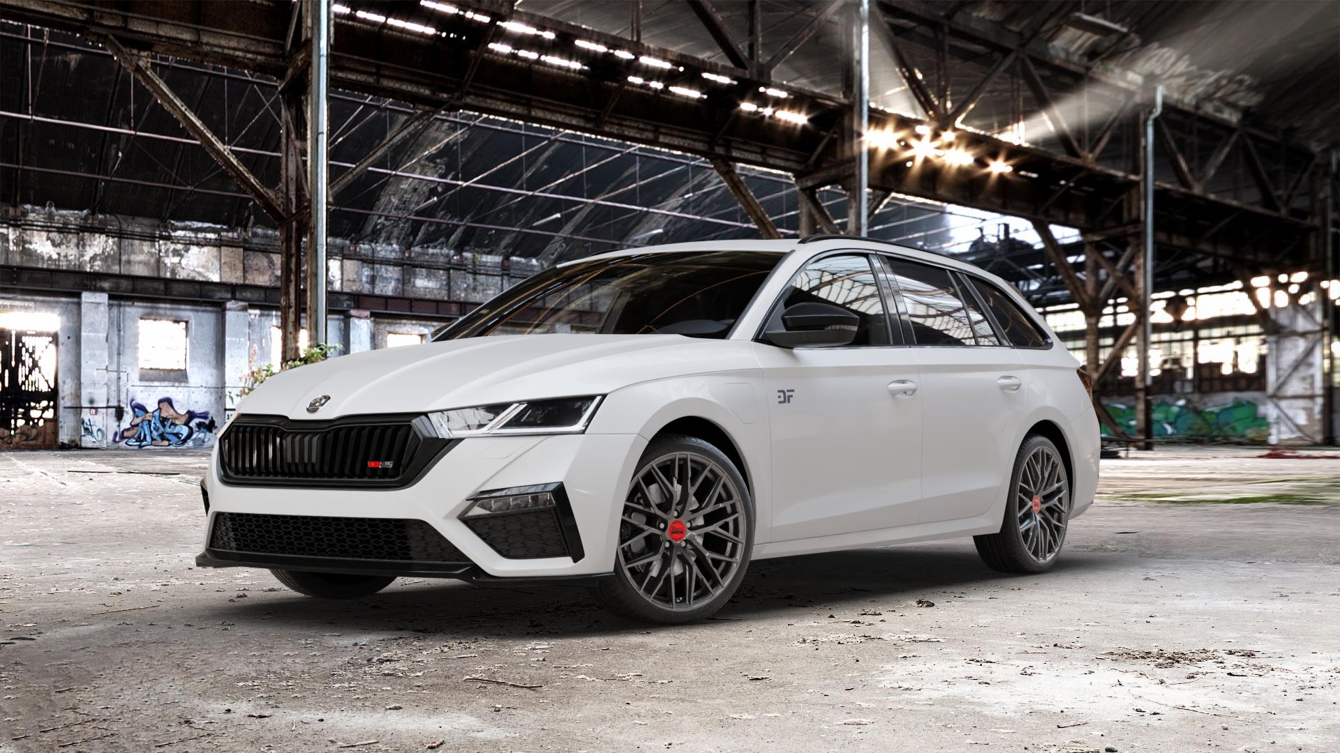 MAM RS4 PALLADIUM PAINTED Felge mit Reifen grau anthrazit in 19Zoll Winterfelge Alufelge auf weissem Skoda Octavia IV Kombi Typ NX 2,0l TDI 4x4 147kW (200 PS) 1,4l TSI 110kW Hybrid RS (150 180kW (245 ⬇️ mit 15mm Tieferlegung ⬇️ Old Industrial Hall_max_5300mm_2024 Frontansicht_1