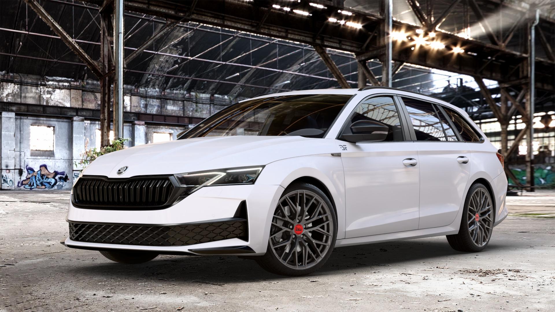 MAM RS4 PALLADIUM PAINTED Felge mit Reifen grau anthrazit in 19Zoll Winterfelge Alufelge auf weissem Skoda Octavia IV Kombi Typ NX Facelift 1,5l TSI 85kW (116 PS) Mild-Hybrid 110kW (150 2,0l TDI ⬇️ mit 15mm Tieferlegung ⬇️ Old Industrial Hall_max_4400mm_2024 Frontansicht_1