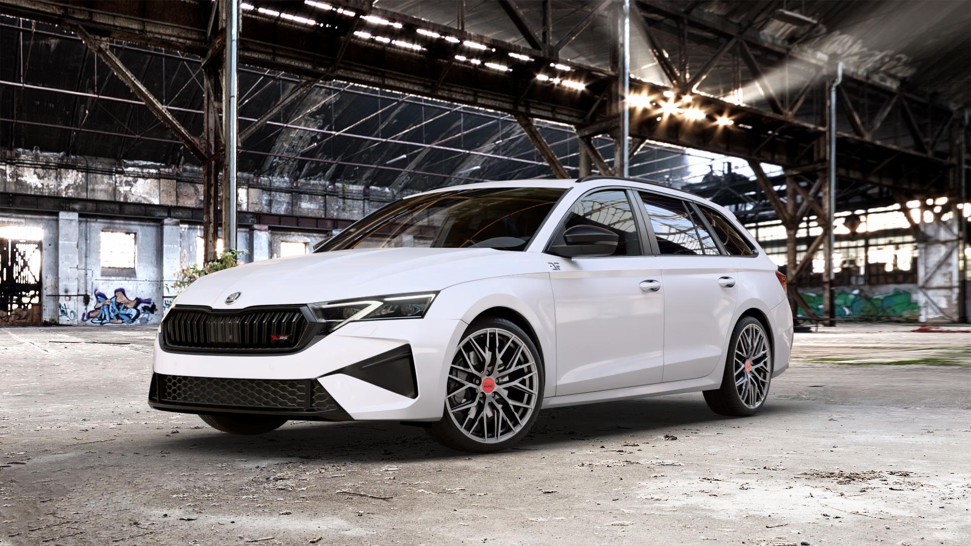 MAM RS4 PALLADIUM PAINTED Felge mit Reifen grau anthrazit in 19Zoll Winterfelge Alufelge auf weissem Skoda Octavia IV Kombi Typ NX Facelift 2,0l TSI 195kW RS (265 PS) ⬇️ mit 15mm Tieferlegung ⬇️ Old Industrial Hall_max_5300mm_2024 Frontansicht_1