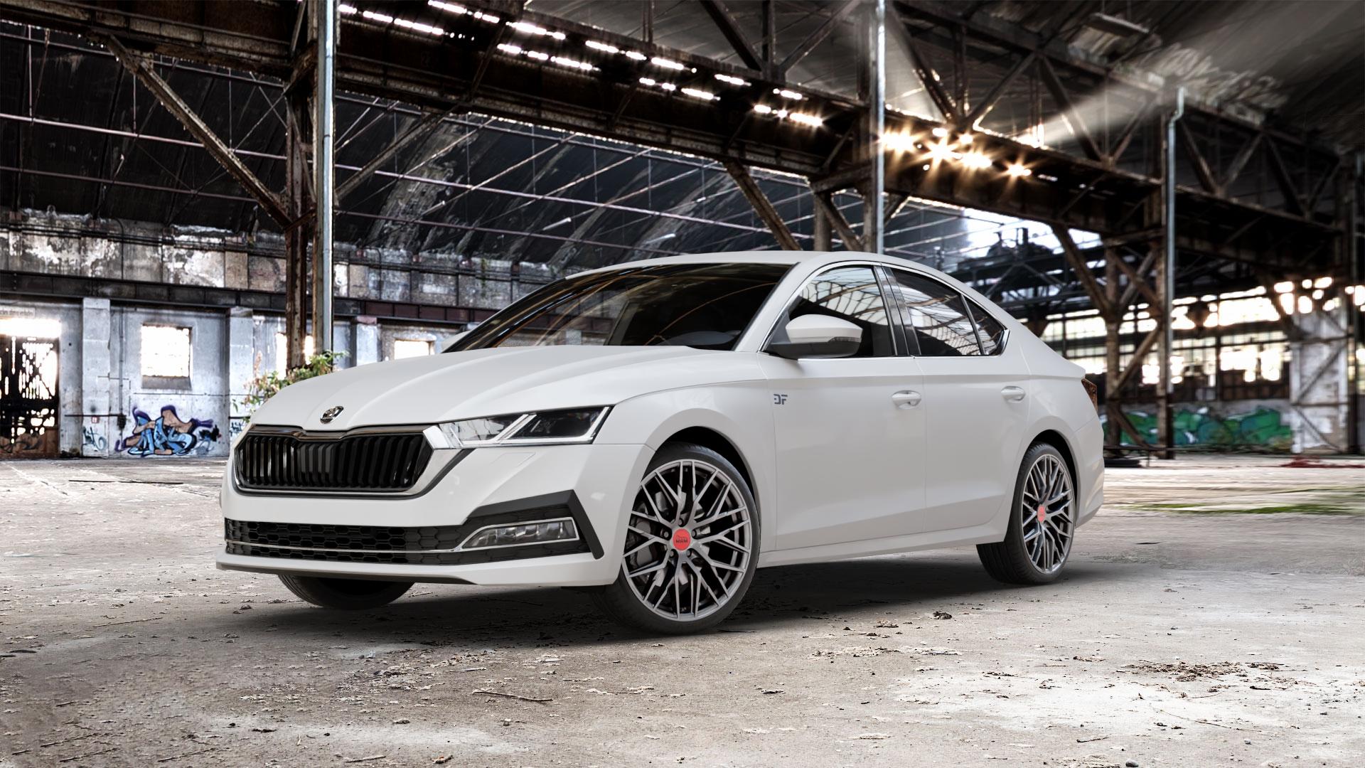MAM RS4 PALLADIUM PAINTED Felge mit Reifen grau anthrazit in 19Zoll Winterfelge Alufelge auf weissem Skoda Octavia IV Limousine Typ NX 1,5l TSI 110kW (150 PS) 2,0l TDI 85kW (116 1,0l 81kW (110 Mild-Hybrid 1,4l Hybrid CNG 96kW (131 4x4 ⬇️ mit 15mm Tieferlegung ⬇️ Old Industrial Hall_max_5300mm_2024 Frontansicht_1
