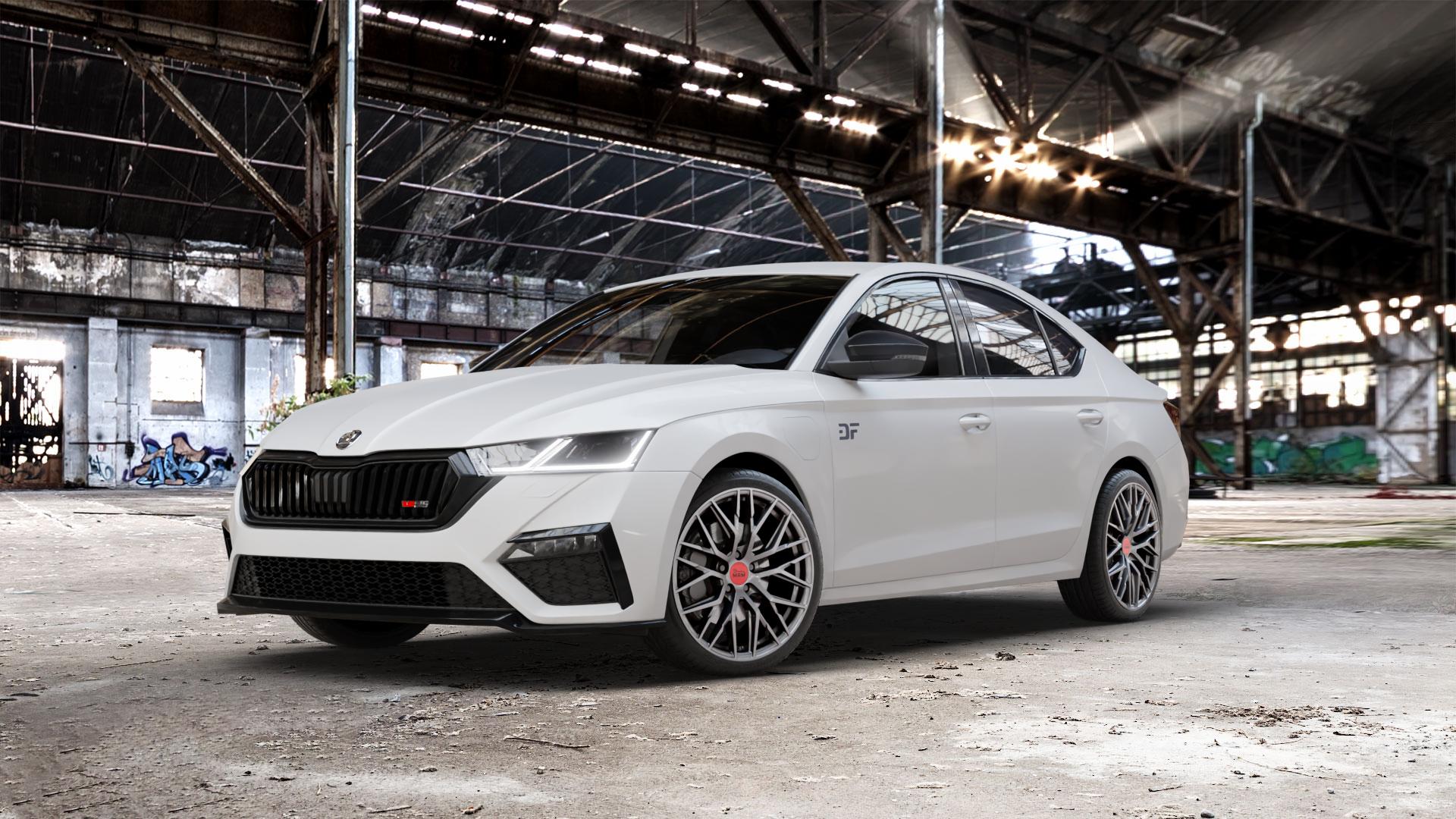 MAM RS4 PALLADIUM PAINTED Felge mit Reifen grau anthrazit in 19Zoll Winterfelge Alufelge auf weissem Skoda Octavia IV Limousine Typ NX 2,0l TDI 4x4 147kW (200 PS) TSI 180kW RS (245 1,4l 110kW Hybrid (150 ⬇️ mit 15mm Tieferlegung ⬇️ Old Industrial Hall_max_5300mm_2024 Frontansicht_1