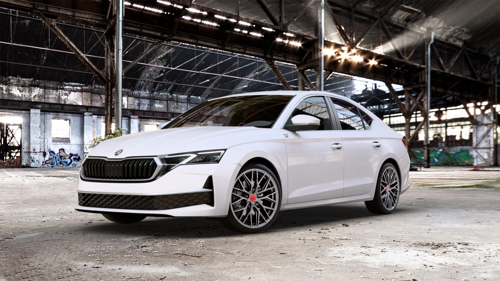 MAM RS4 PALLADIUM PAINTED Felge mit Reifen grau anthrazit in 19Zoll Winterfelge Alufelge auf weissem Skoda Octavia IV Limousine Typ NX Facelift 1,5l TSI 85kW Mild-Hybrid (116 PS) 110kW (150 2,0l TDI ⬇️ mit 15mm Tieferlegung ⬇️ Old Industrial Hall_max_5300mm_2024 Frontansicht_1
