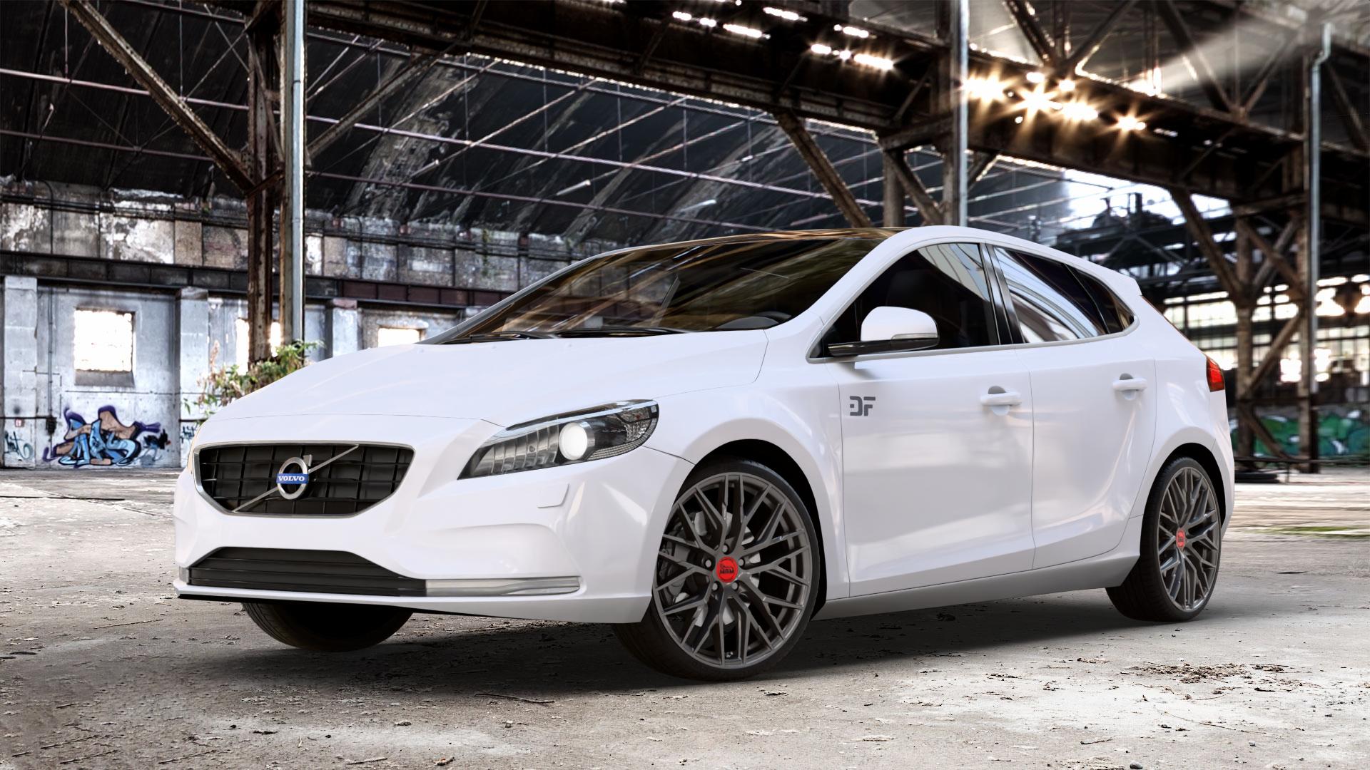 MAM RS4 PALLADIUM PAINTED Felge mit Reifen grau anthrazit in 19Zoll Winterfelge Alufelge auf weissem Volvo V40 II Typ M ⬇️ mit 15mm Tieferlegung ⬇️ Old Industrial Hall_max_4400mm_2024 Frontansicht_1