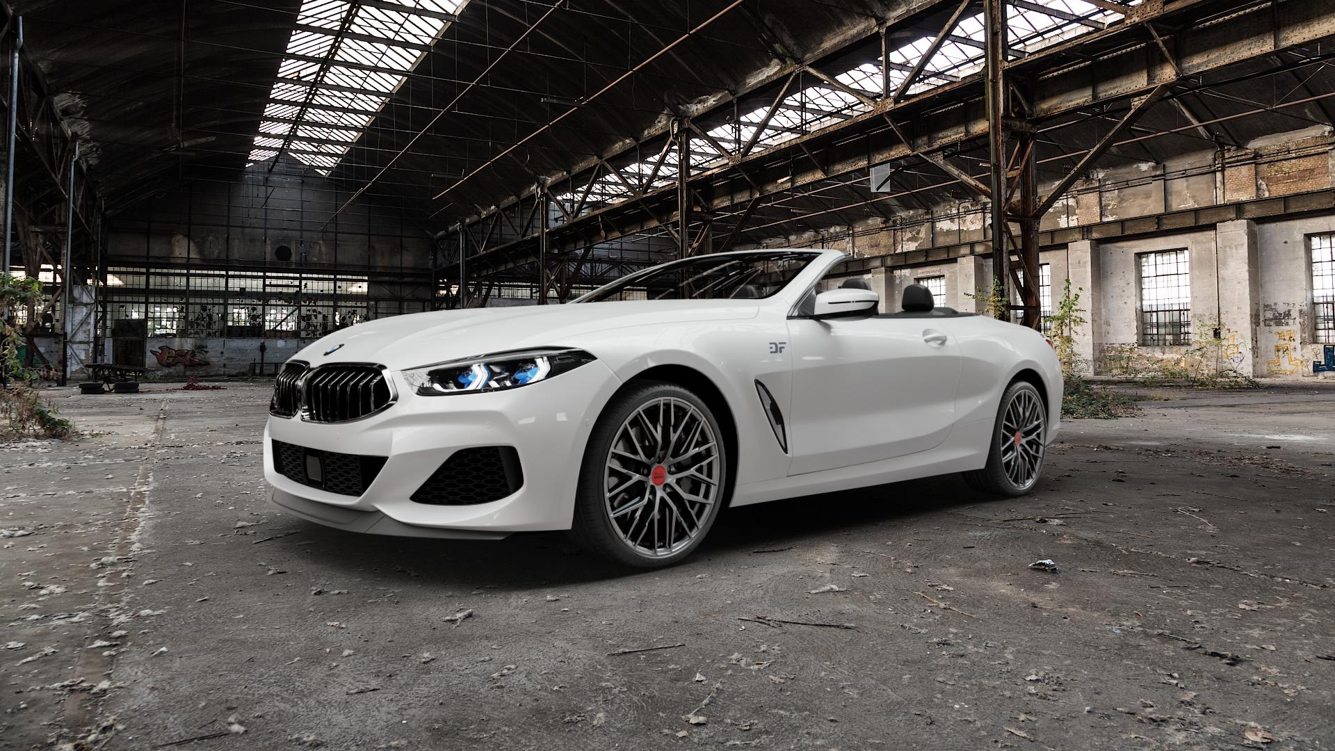 MAM RS4 PALLADIUM PAINTED Felge mit Reifen grau anthrazit in 20Zoll Winterfelge Alufelge auf weissem BMW 840d xDrive Typ G14 3,0l 235kW (320 PS) M850i 4,4l 390kW (530 840i 250kW (340 M8 F8CM (Cabrio) 8er Cabrio (G8C) ⬇️ mit 15mm Tieferlegung ⬇️ Old Industrial Hall_max5000mm_2022 Frontansicht_1