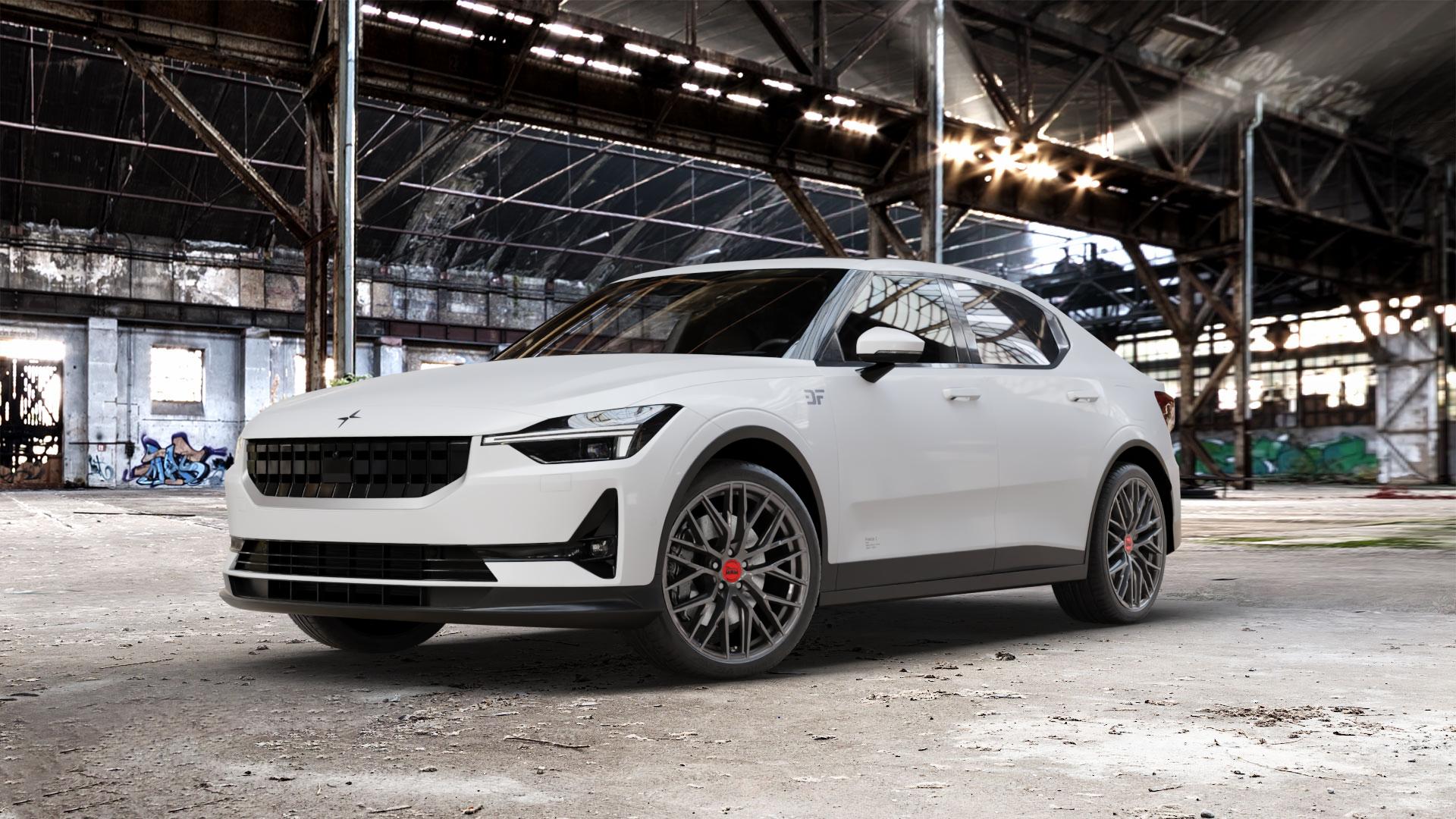 MAM RS4 PALLADIUM PAINTED Felge mit Reifen grau anthrazit in 20Zoll Winterfelge Alufelge auf weissem Polestar 2 ⬇️ mit 15mm Tieferlegung ⬇️ Old Industrial Hall_max_5300mm_2024 Frontansicht_1