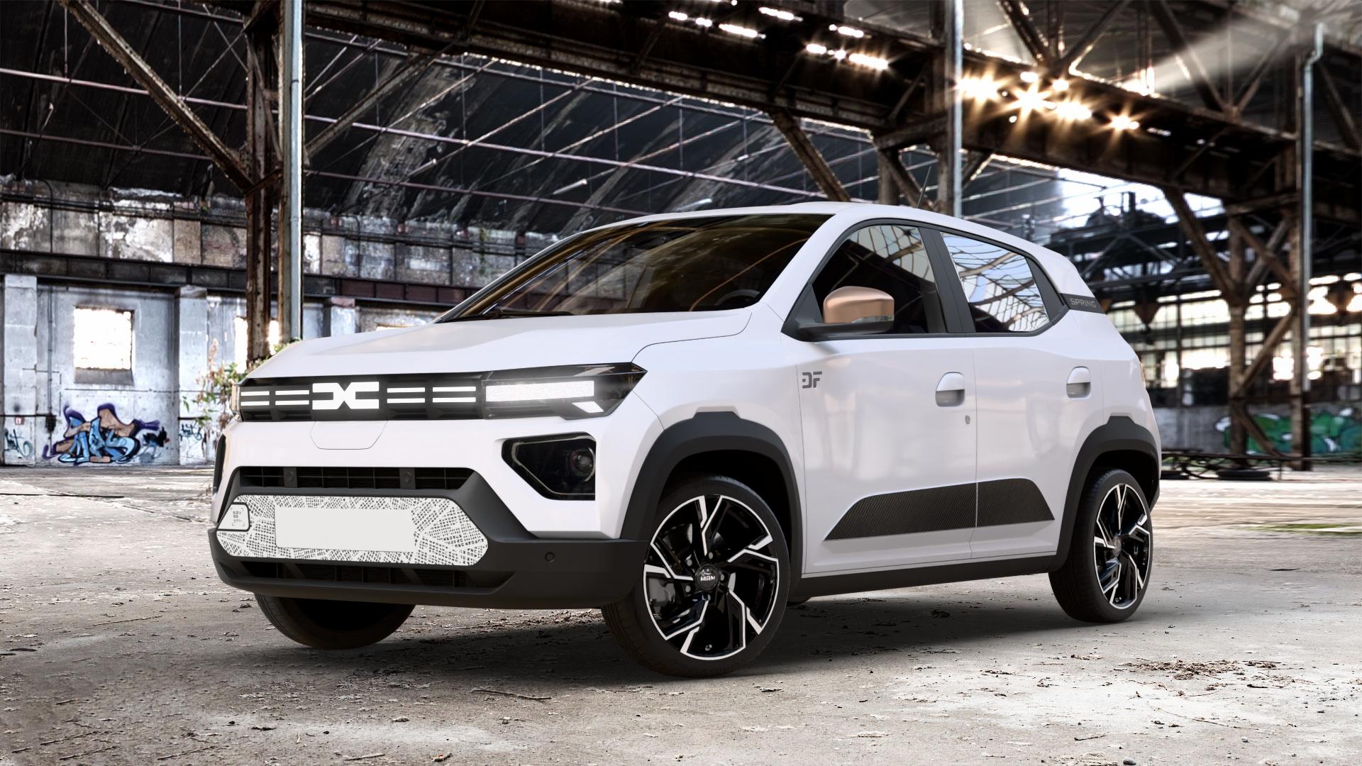 MAM RS5 BLACK FRONT POLISH Felge mit Reifen silber schwarz mehrfarbig in 16Zoll Winterfelge Alufelge auf weissem Dacia Spring ⬇️ mit 15mm Tieferlegung ⬇️ Old Industrial Hall_max_4400mm_2024 Frontansicht_1