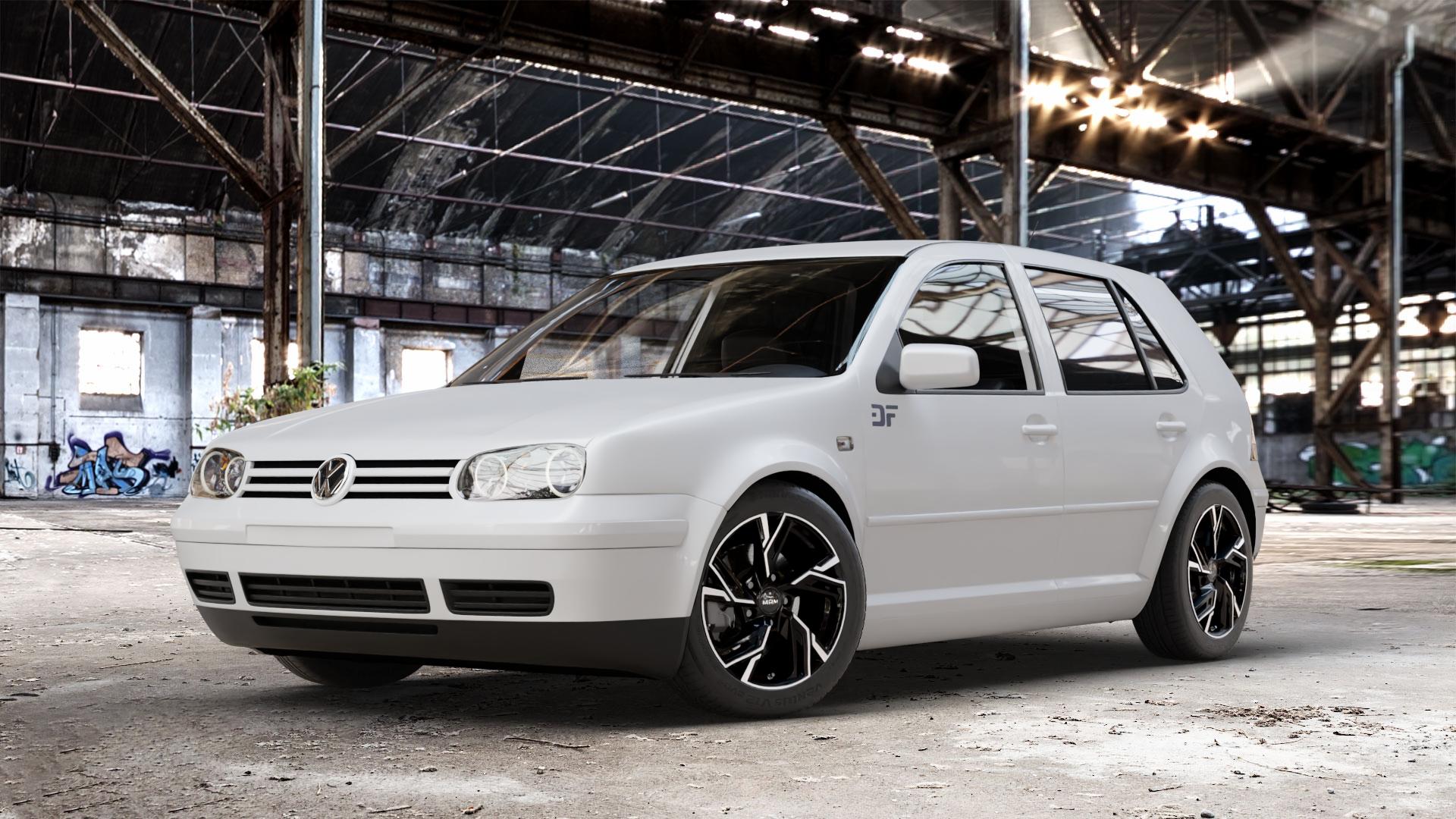 MAM RS5 BLACK FRONT POLISH Felge mit Reifen silber schwarz mehrfarbig in 16Zoll Winterfelge Alufelge auf weissem Volkswagen (VW) Golf 4 Cabrio Variant ⬇️ mit 15mm Tieferlegung ⬇️ Old Industrial Hall_max_4400mm_2024 Frontansicht_1