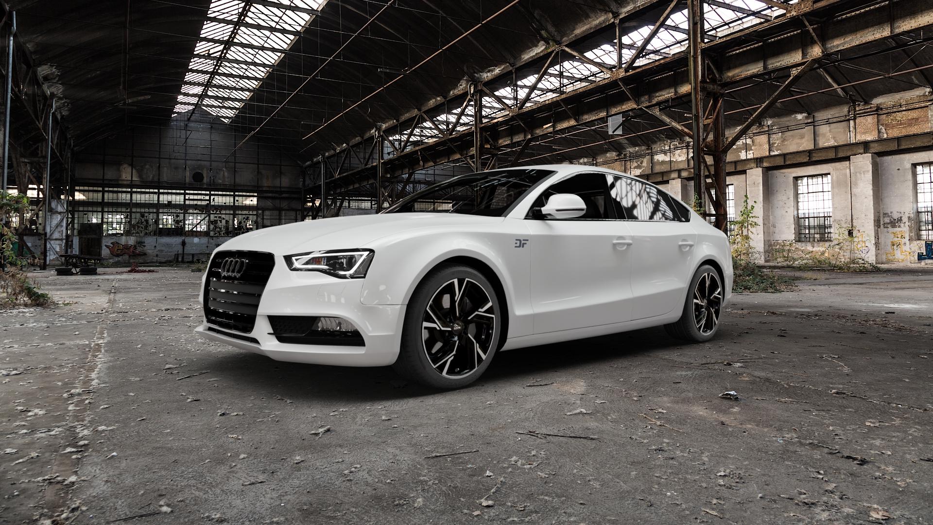 MAM RS5 BLACK FRONT POLISH Felge mit Reifen silber schwarz mehrfarbig in 18Zoll Winterfelge Alufelge auf weissem Audi A5 Typ B8 (Sportback) Facelift ⬇️ mit 15mm Tieferlegung ⬇️ Old Industrial Hall_max5000mm_2022 Frontansicht_1