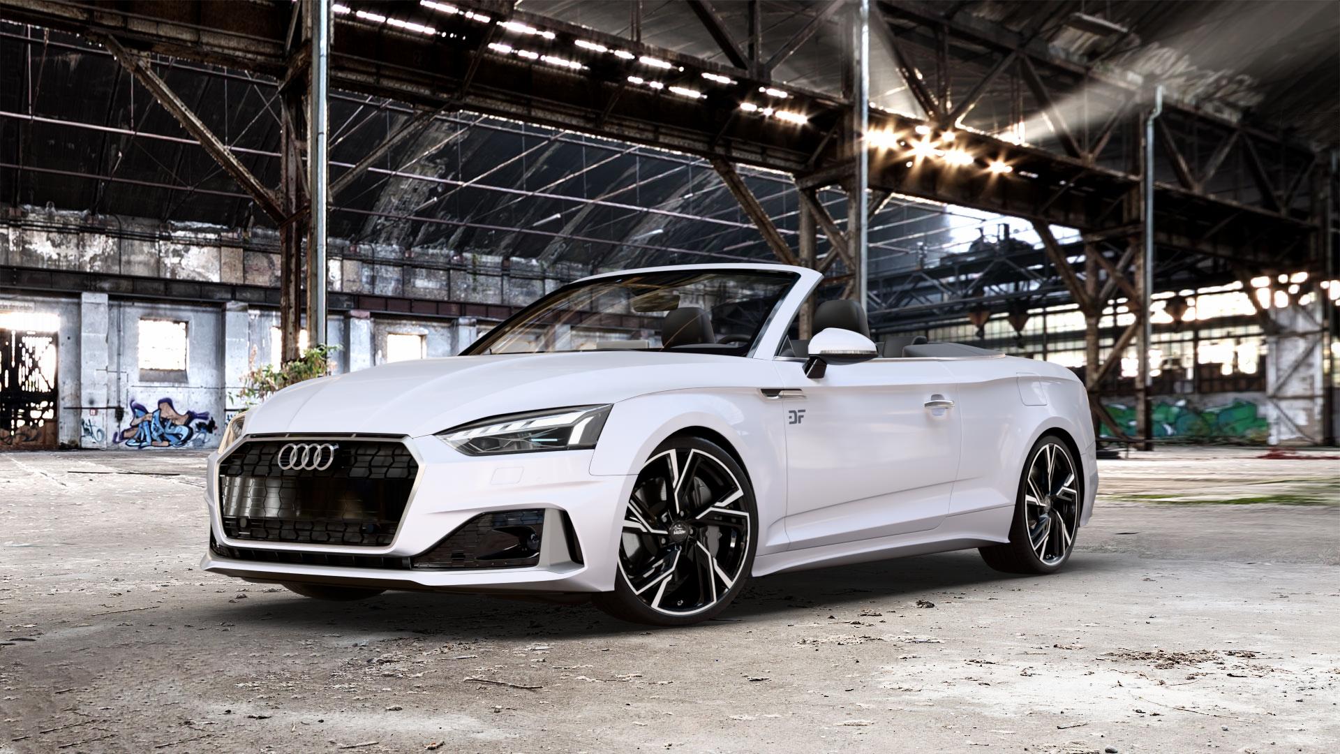 MAM RS5 BLACK FRONT POLISH Felge mit Reifen silber schwarz mehrfarbig in 20Zoll Winterfelge Alufelge auf weißem Audi A5 Typ B9 (Cabriolet) Facelift ⬇️ mit 15mm Tieferlegung ⬇️ Old Industrial Hall_max_5300mm_2024 Frontansicht_1