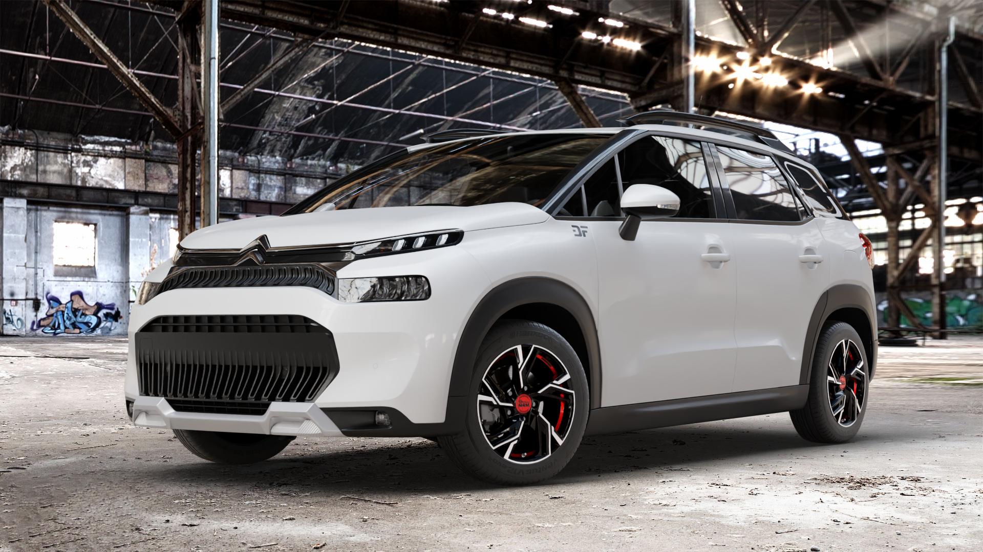 MAM RS5 BLACK FRONT POLISH RED INSIDE Felge mit Reifen silber schwarz rot mehrfarbig in 16Zoll Winterfelge Alufelge auf weissem Citroen C3 Aircross Typ 2 Facelift ⬇️ mit 15mm Tieferlegung ⬇️ Old Industrial Hall_max_4400mm_2024 Frontansicht_1