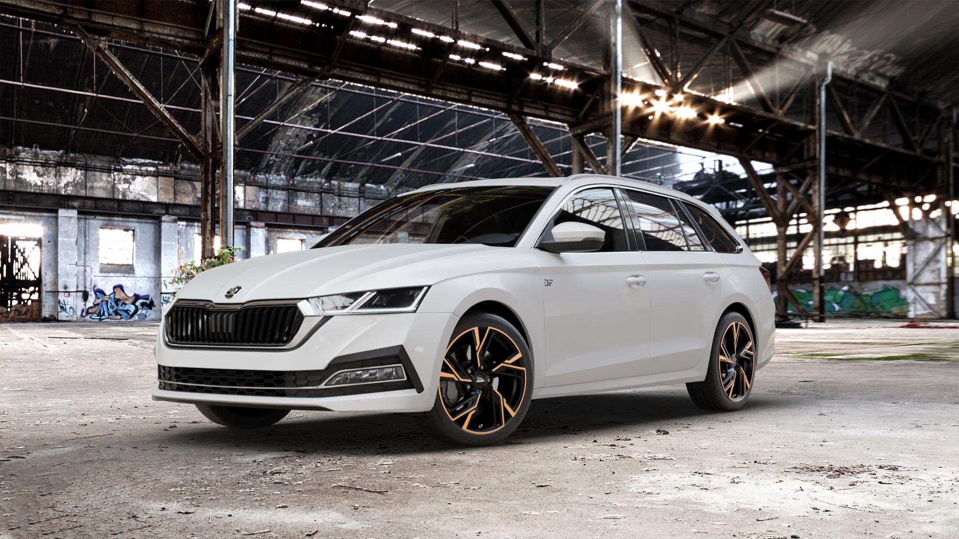 MAM RS5 MATT BLACK FRONT COPPER Felge mit Reifen schwarz mehrfarbig in 18Zoll Winterfelge Alufelge auf weissem Skoda Octavia IV Kombi Typ NX ⬇️ mit 15mm Tieferlegung ⬇️ Old Industrial Hall_max_5300mm_2024 Frontansicht_1