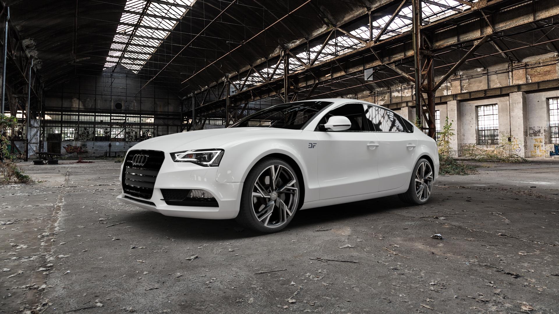 MAM RS5 PALLADIUM FRONT POLISH Felge mit Reifen grau silber mehrfarbig in 19Zoll Winterfelge Alufelge auf weissem Audi A5 Typ B8 (Sportback) Facelift ⬇️ mit 15mm Tieferlegung ⬇️ Old Industrial Hall_max5000mm_2022 Frontansicht_1