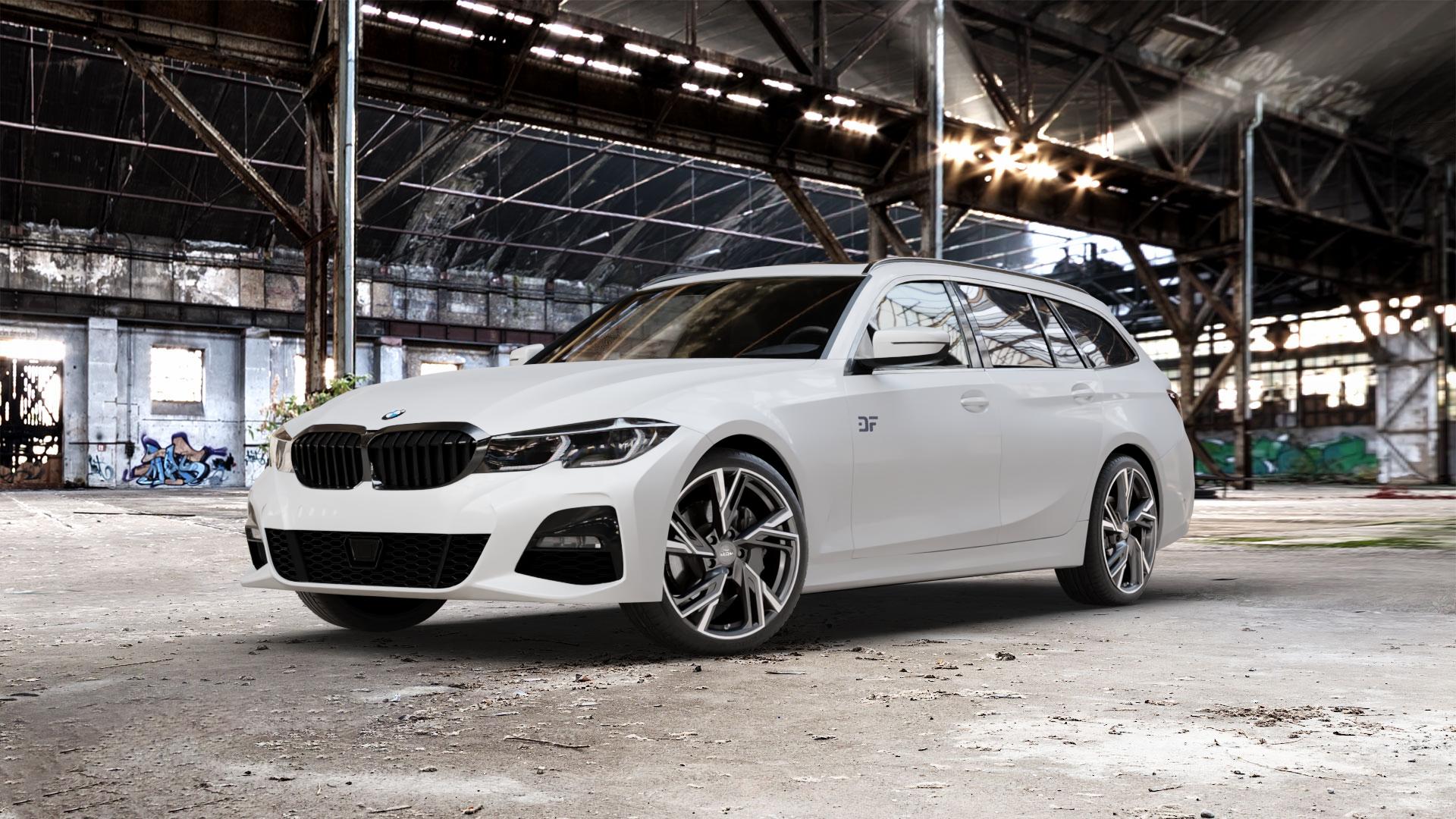 MAM RS5 PALLADIUM FRONT POLISH Felge mit Reifen grau silber mehrfarbig in 19Zoll Winterfelge Alufelge auf weissem BMW 3er G21 Touring (G3K) ⬇️ mit 15mm Tieferlegung ⬇️ Old Industrial Hall_max_5300mm_2024 Frontansicht_1