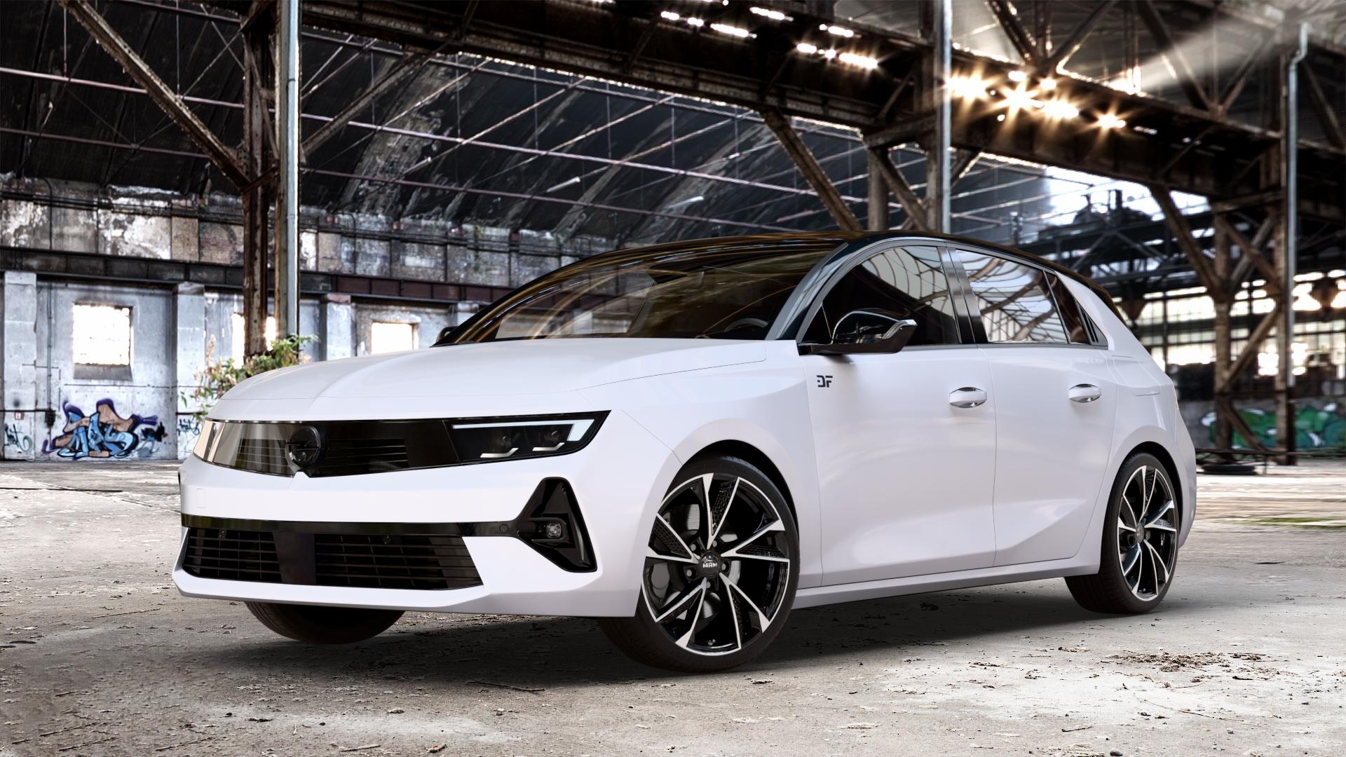 MAM RS6 BLACK FRONT POLISH Felge mit Reifen silber schwarz mehrfarbig in 18Zoll Winterfelge Alufelge auf weissem Opel Astra L Typ F Facelift ⬇️ mit 15mm Tieferlegung ⬇️ Old Industrial Hall_max_4400mm_2024 Frontansicht_1