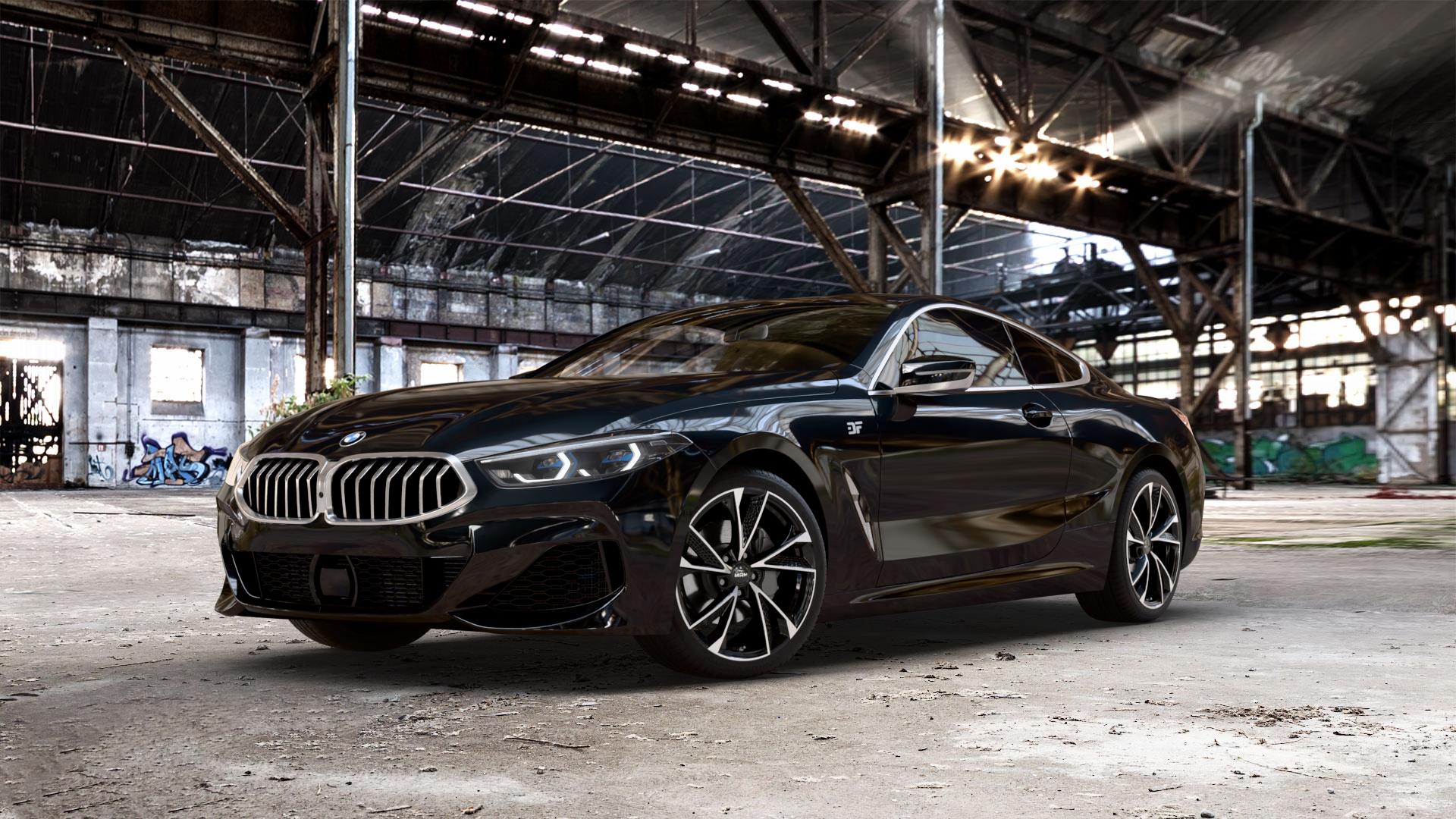 MAM RS6 BLACK FRONT POLISH Felge mit Reifen silber schwarz mehrfarbig in 19Zoll Winterfelge Alufelge auf schwarzem metallic BMW 840d xDrive Typ G15 M850i 840i M8 F8CM (Coupe) 8er Coupé (G8C) ⬇️ mit 15mm Tieferlegung ⬇️ Old Industrial Hall_max_5300mm_2024 Frontansicht_1