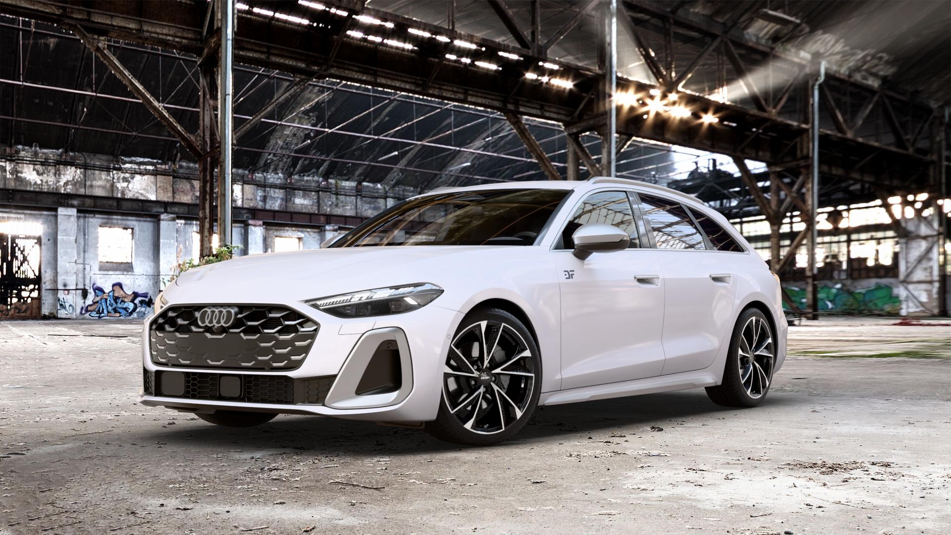 MAM RS6 BLACK FRONT POLISH Felge mit Reifen silber schwarz mehrfarbig in 19Zoll Winterfelge Alufelge auf weissem Audi A5 Typ B10 (Avant) 3,0l S5 270kW Mild-Hybrid (367 PS) ⬇️ mit 15mm Tieferlegung ⬇️ Old Industrial Hall_max_5300mm_2024 Frontansicht_1