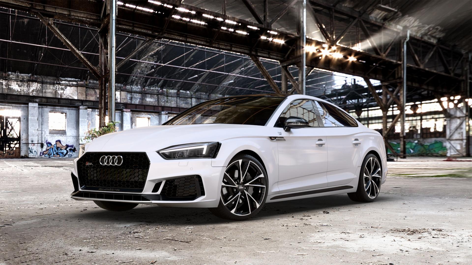 MAM RS6 BLACK FRONT POLISH Felge mit Reifen silber schwarz mehrfarbig in 19Zoll Winterfelge Alufelge auf weissem Audi A5 Typ B9 (Sportback) 3,0l S5 TFSI quattro 260kW (354 PS) 2,9l RS5 331kW (450 TDI 255kW Mild-Hybrid (347 ⬇️ mit 15mm Tieferlegung ⬇️ Old Industrial Hall_max_5300mm_2024 Frontansicht_1