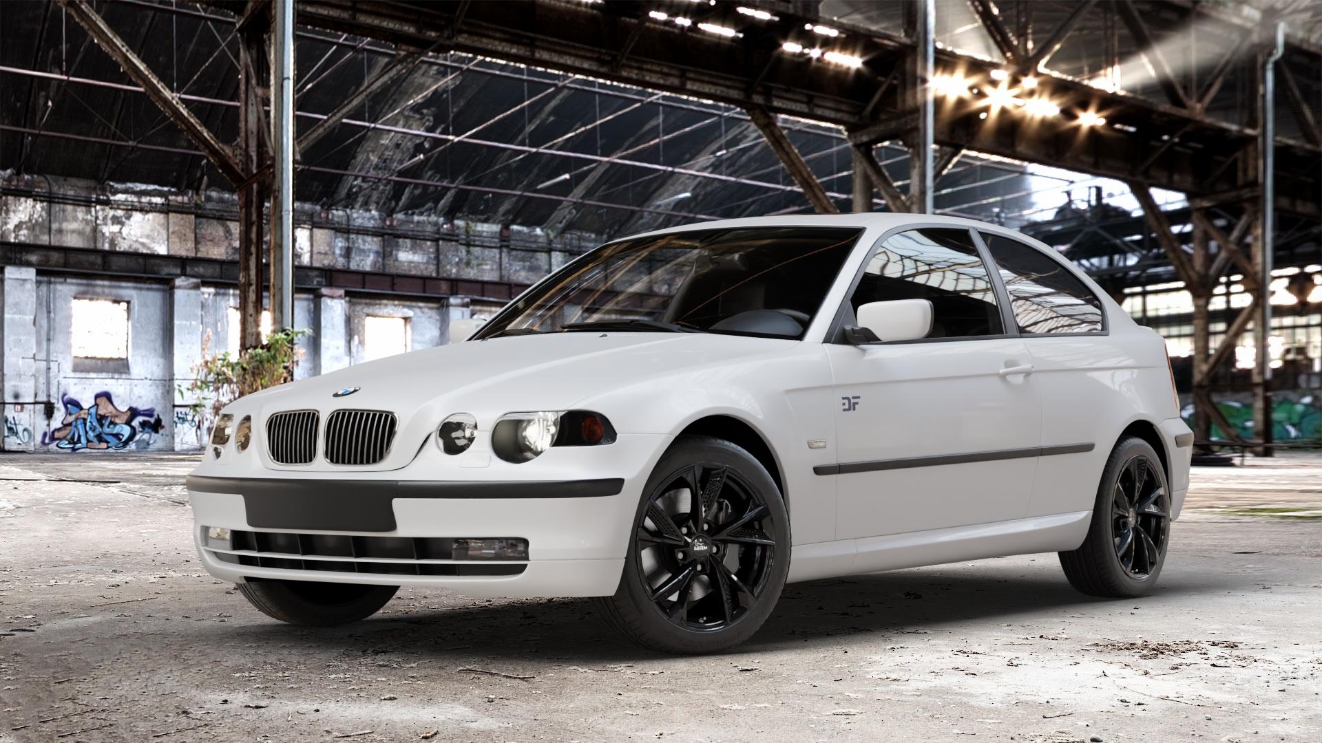 MAM RS6 BLACK PAINTED Felge mit Reifen schwarz mehrfarbig in 17Zoll Winterfelge Alufelge auf weissem BMW 316ti Typ E46 (Compact) 318ti 325ti 318td 320td 3er Compact (346K) ⬇️ mit 15mm Tieferlegung ⬇️ Old Industrial Hall_max_4400mm_2024 Frontansicht_1