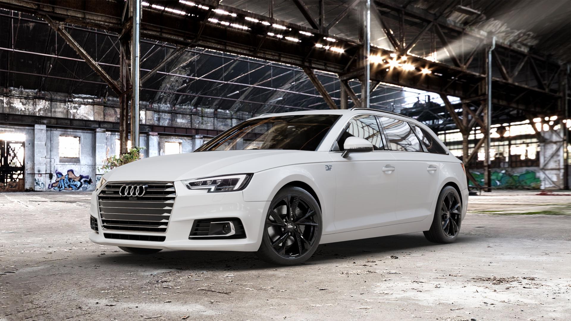 MAM RS6 BLACK PAINTED Felge mit Reifen schwarz mehrfarbig in 18Zoll Winterfelge Alufelge auf weissem Audi A4 Typ B9 (Avant) ⬇️ mit 15mm Tieferlegung ⬇️ Old Industrial Hall_max_5300mm_2024 Frontansicht_1
