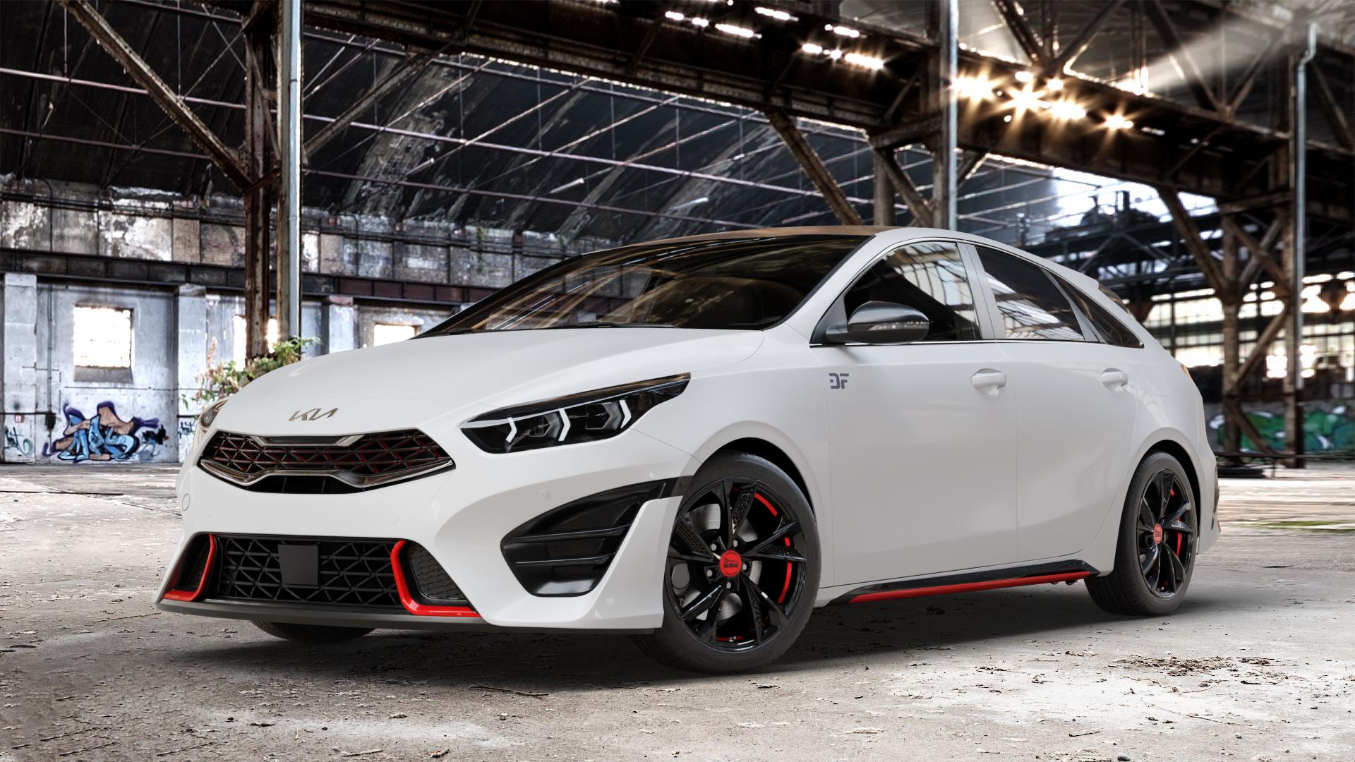 MAM RS6 BLACK PAINTED RED INSIDE Felge mit Reifen schwarz rot mehrfarbig in 17Zoll Winterfelge Alufelge auf weissem Kia ProCeed Typ CD Facelift Pro Cee d ⬇️ mit 15mm Tieferlegung ⬇️ Old Industrial Hall_max_4400mm_2024 Frontansicht_1