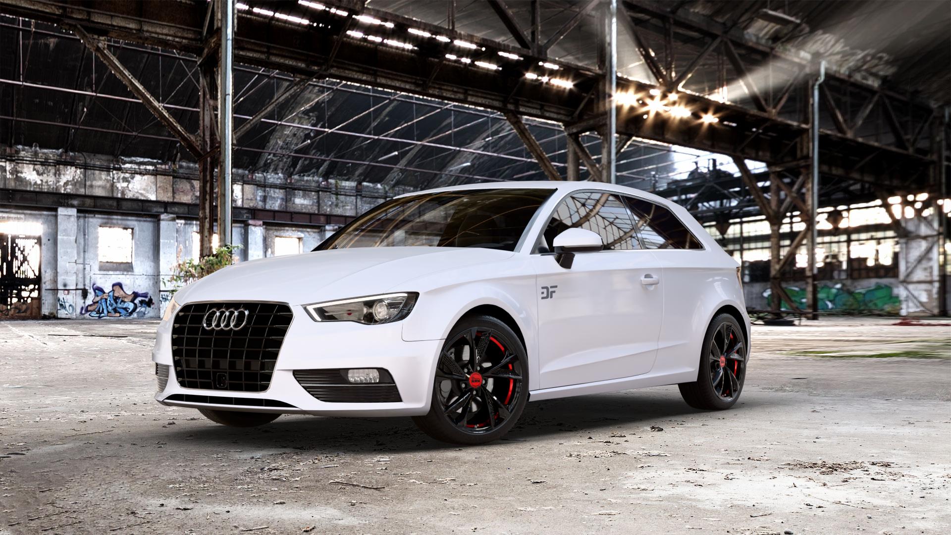 MAM RS6 BLACK PAINTED RED INSIDE Felge mit Reifen schwarz rot mehrfarbig in 18Zoll Winterfelge Alufelge auf weissem Audi A3 Typ 8V ⬇️ mit 15mm Tieferlegung ⬇️ Old Industrial Hall_max_5300mm_2024 Frontansicht_1
