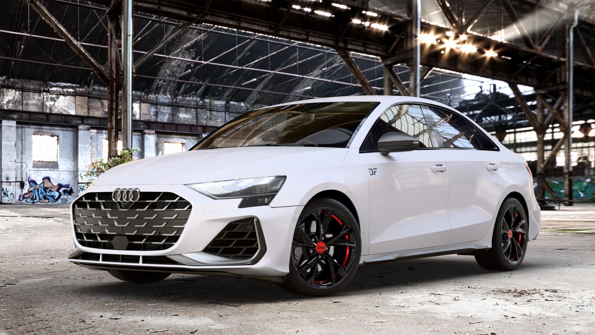 MAM RS6 BLACK PAINTED RED INSIDE Felge mit Reifen schwarz rot mehrfarbig in 18Zoll Winterfelge Alufelge auf weissem Audi A3 Typ GY (Limousine) 2,0l TFSI quattro 228kW S3 (310 PS) ⬇️ mit 15mm Tieferlegung ⬇️ Old Industrial Hall_max_4400mm_2024 Frontansicht_1