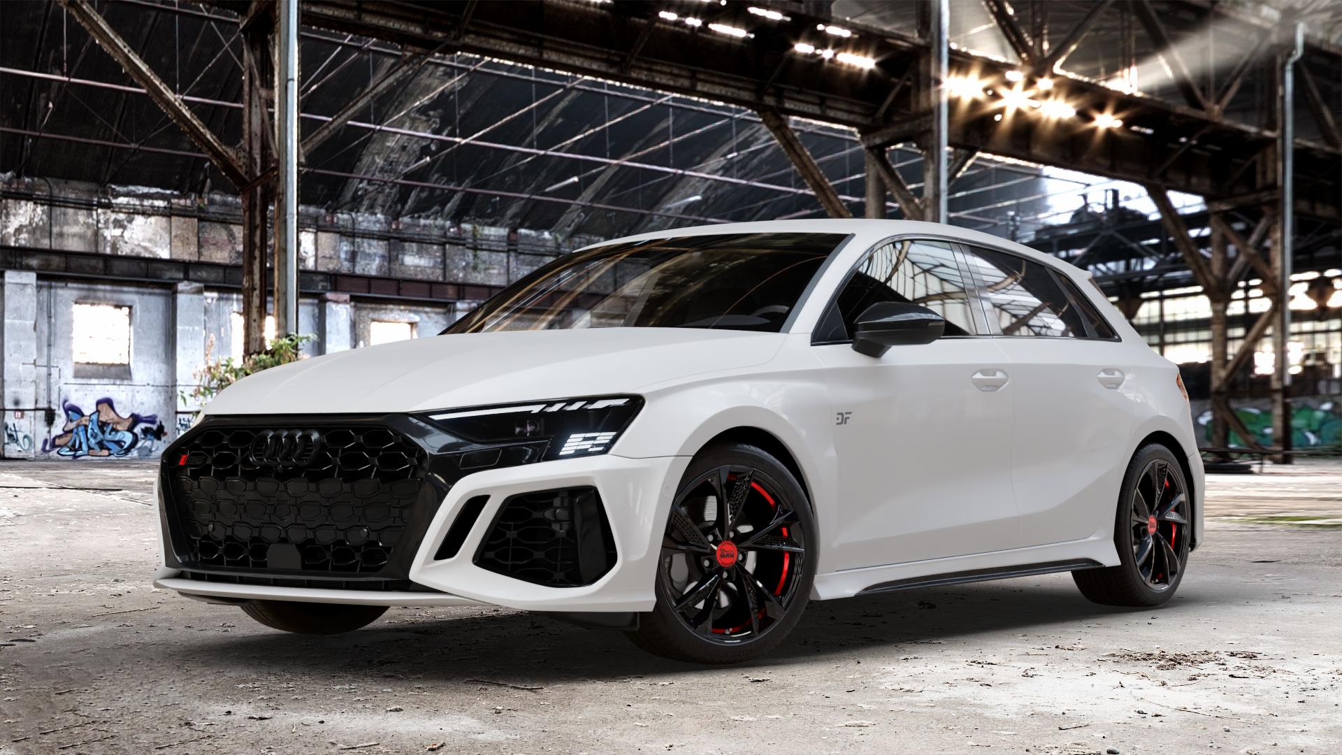 MAM RS6 BLACK PAINTED RED INSIDE Felge mit Reifen schwarz rot mehrfarbig in 18Zoll Winterfelge Alufelge auf weissem Audi A3 Typ GY (Sportback) 2,5l TFSI quattro 294kW RS3 (400 PS) 299kW (407 ⬇️ mit 15mm Tieferlegung ⬇️ Old Industrial Hall_max_4400mm_2024 Frontansicht_1